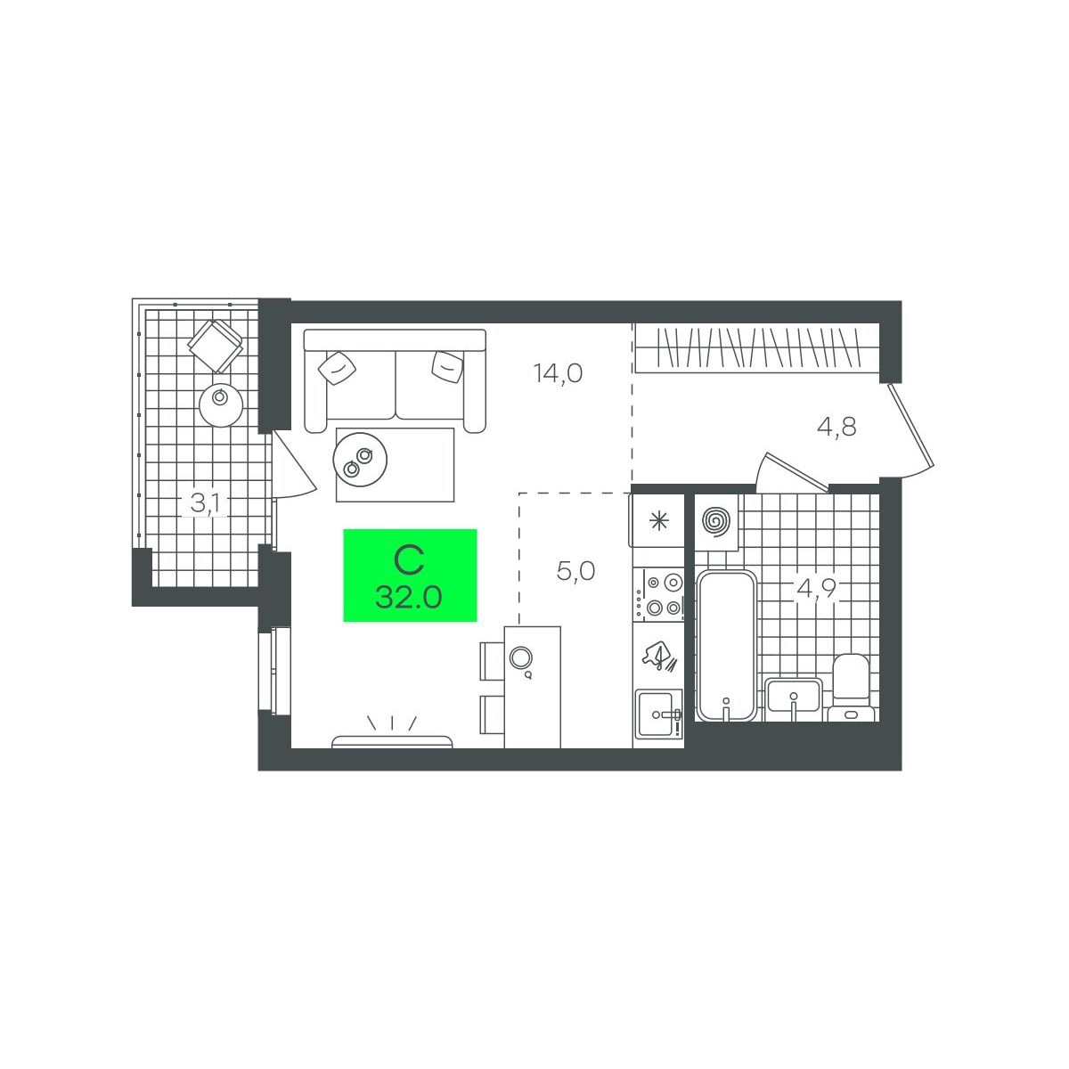 Планировка: Студия 32 м² в ЖК Сезоны, От Слободы до Комарово парк