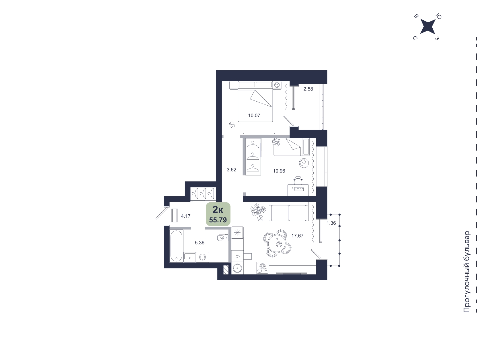 Планировка: Евротрешка 55.8 м² в ЖК Хито, От Слободы до Комарово парк