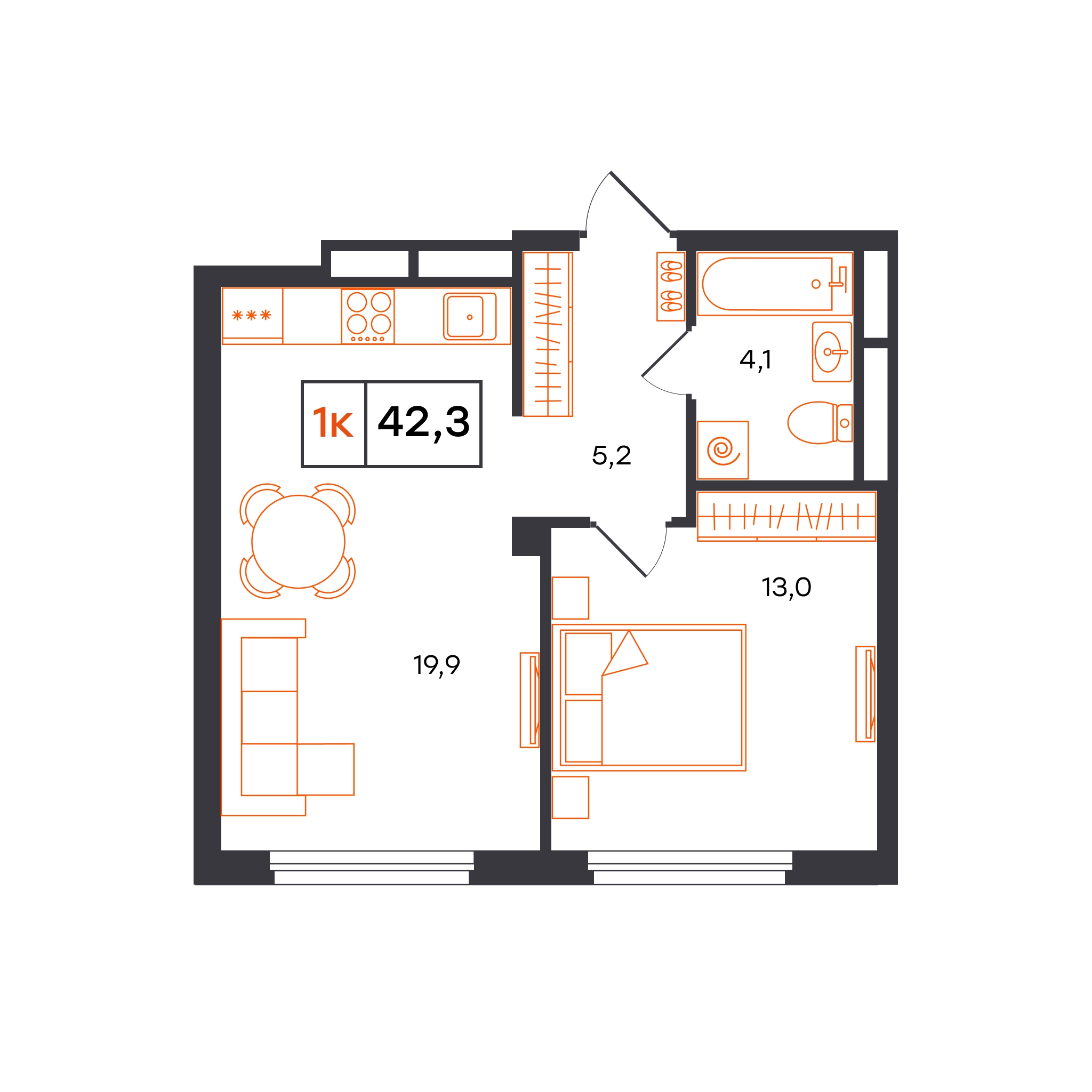 Планировка: Евродвушка 42.3 м² в ЖК Отличие, Комарово Парк