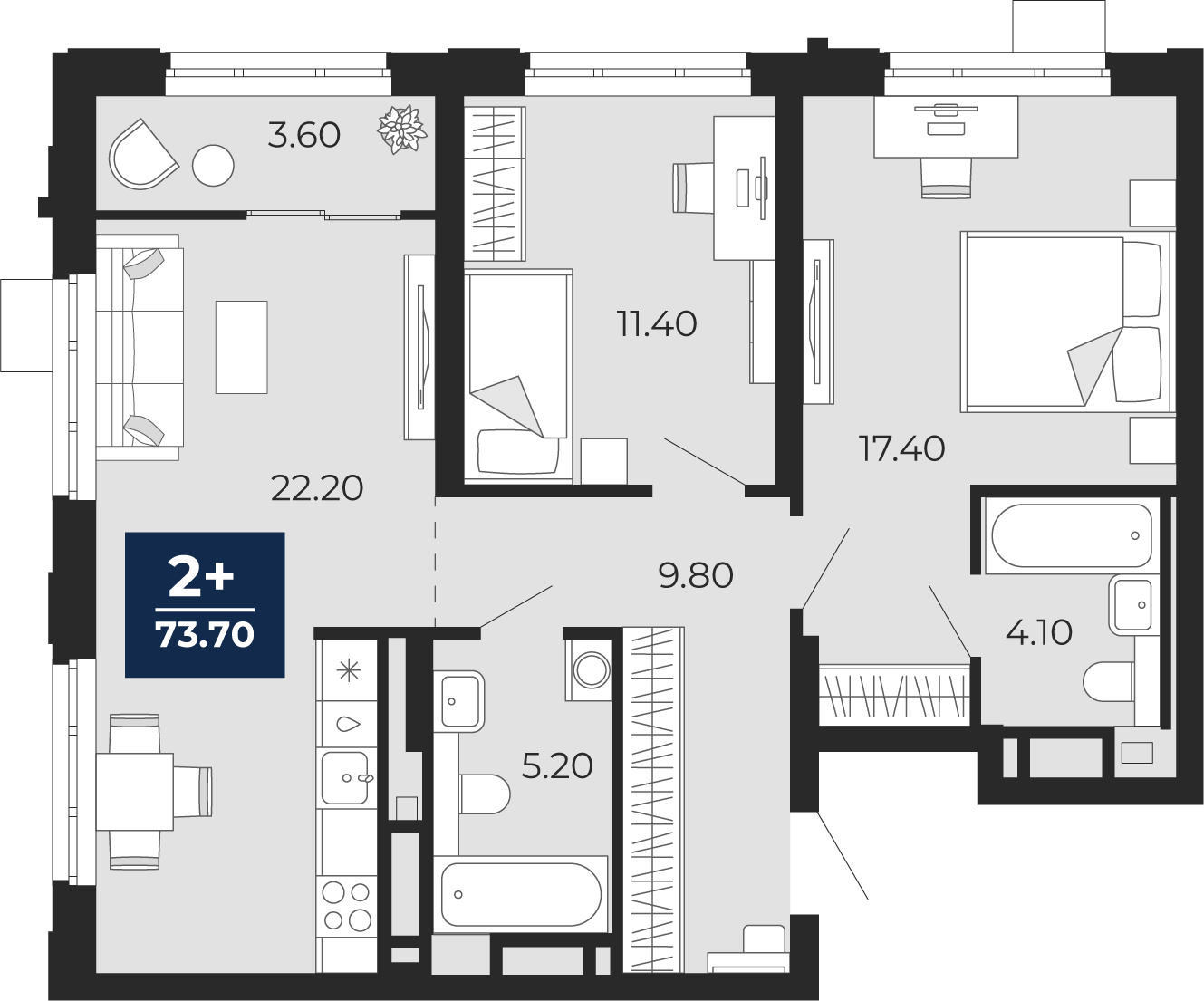 Планировка: Евротрешка 73.7 м² в ЖК Айвазовский, 5-й Заречный