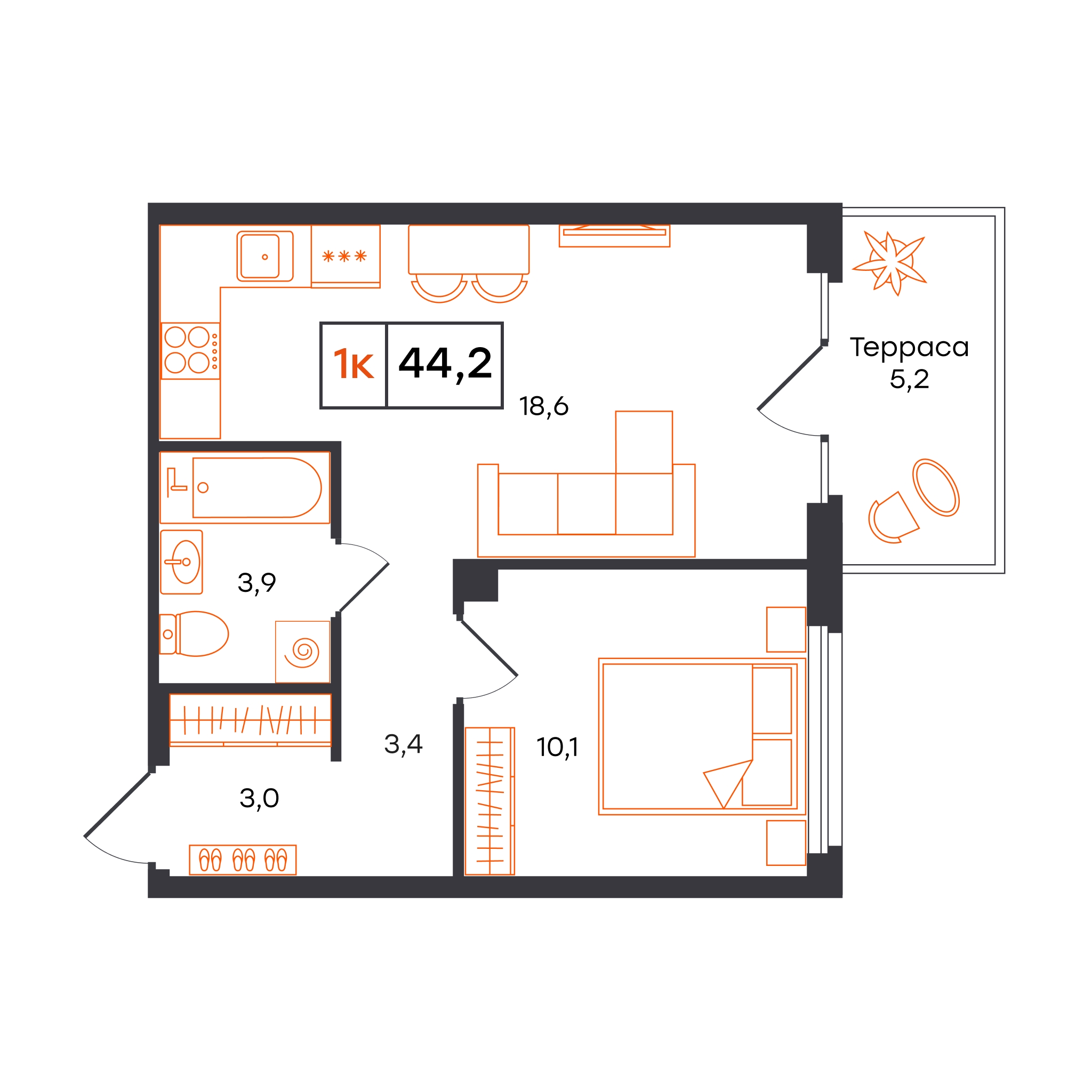 Планировка: Евродвушка 44.2 м² в ЖК Отличие, Комарово Парк