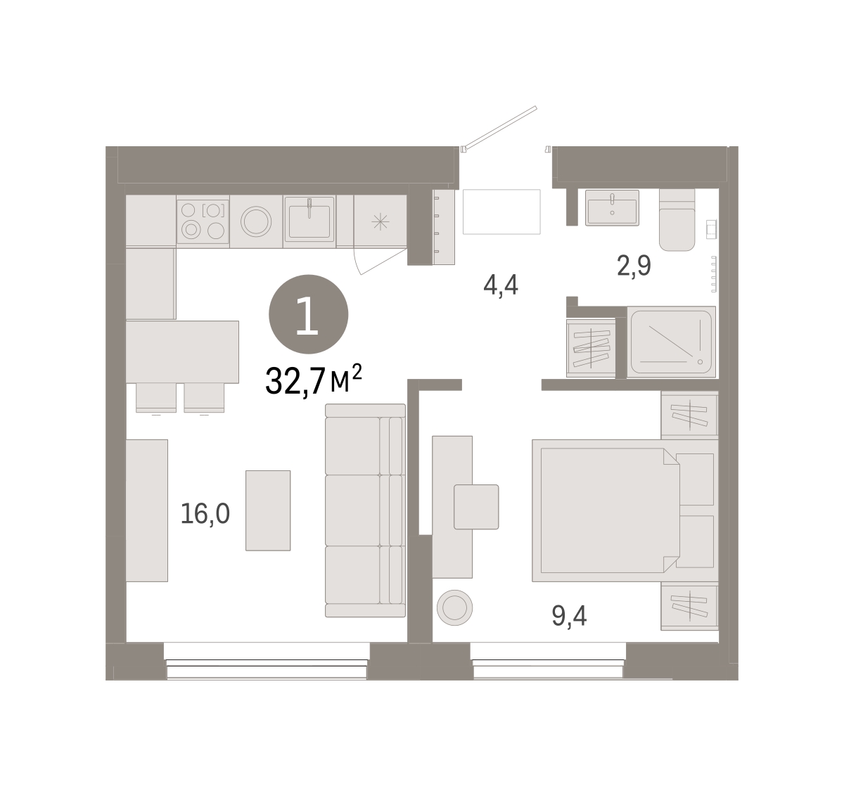 Планировка: 1-комнатная 32.7 м² в ЖК Октябрьский на Туре, ДОК