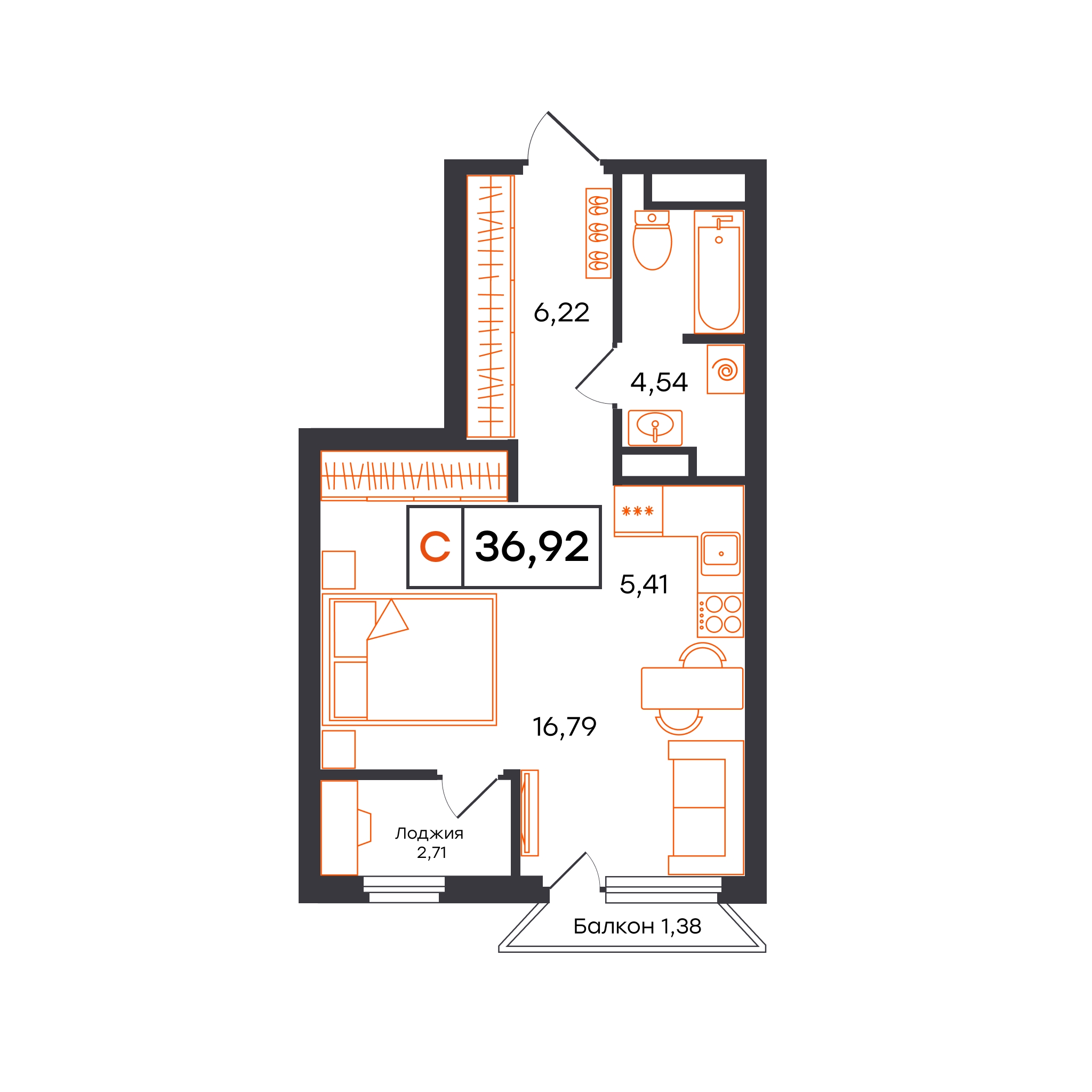 Планировка: Студия 35.5 м² в ЖК Отличие, Комарово Парк