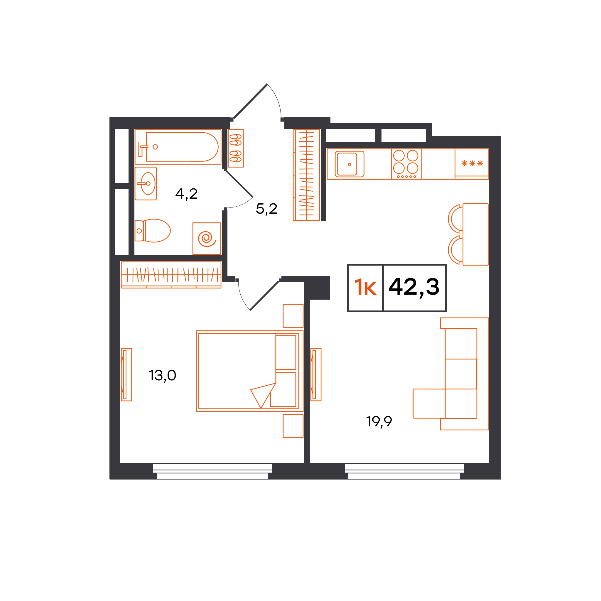 Планировка: Евродвушка 42.3 м² в ЖК Отличие, Комарово Парк
