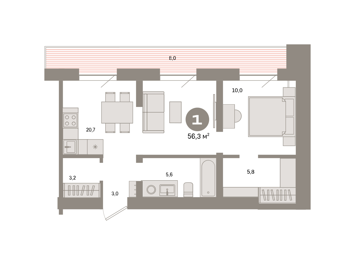Планировка: 1-комнатная 56.3 м² в ЖК Речной порт, Центр: Дом печати