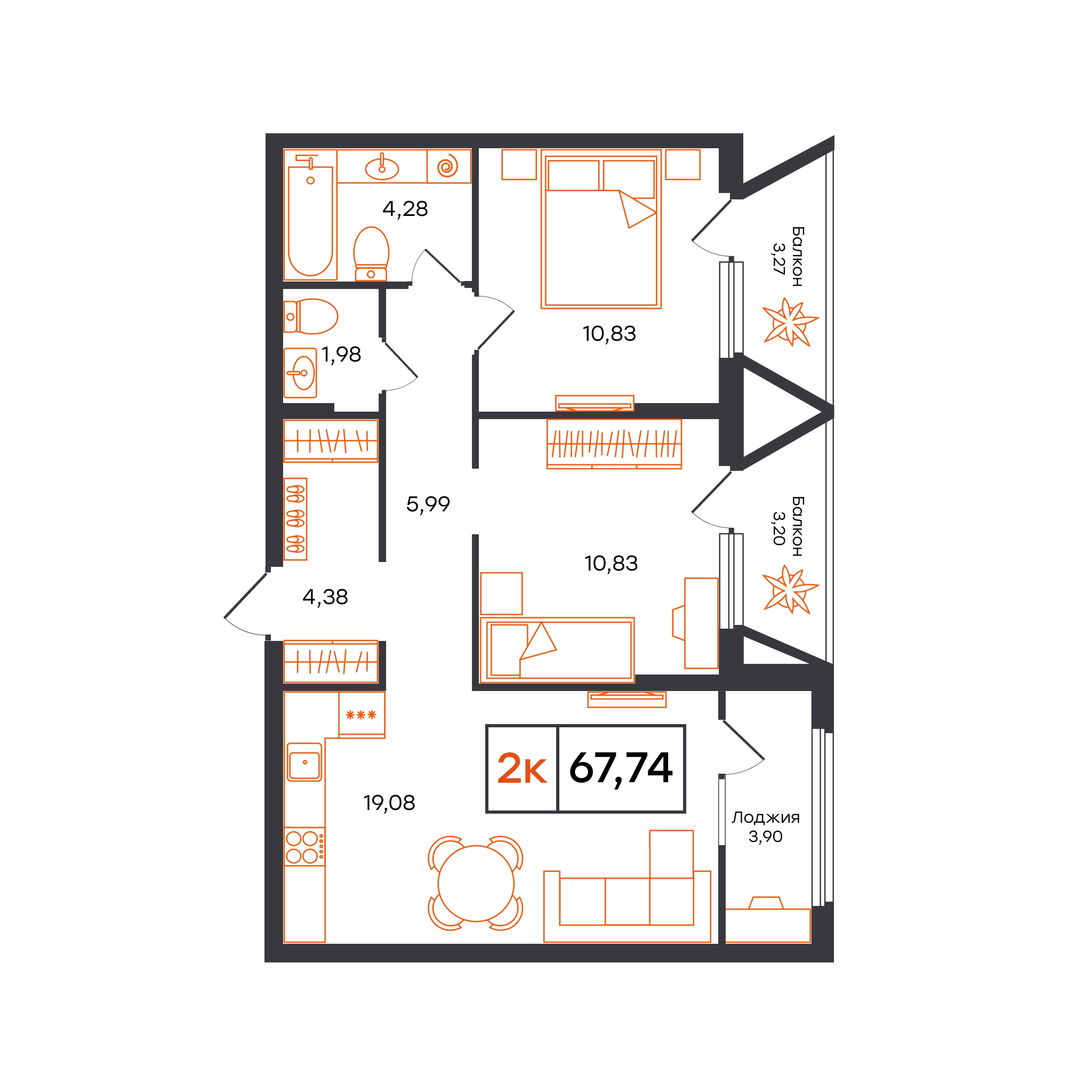 Планировка: Евротрешка 67.7 м² в ЖК Отличие, Комарово Парк