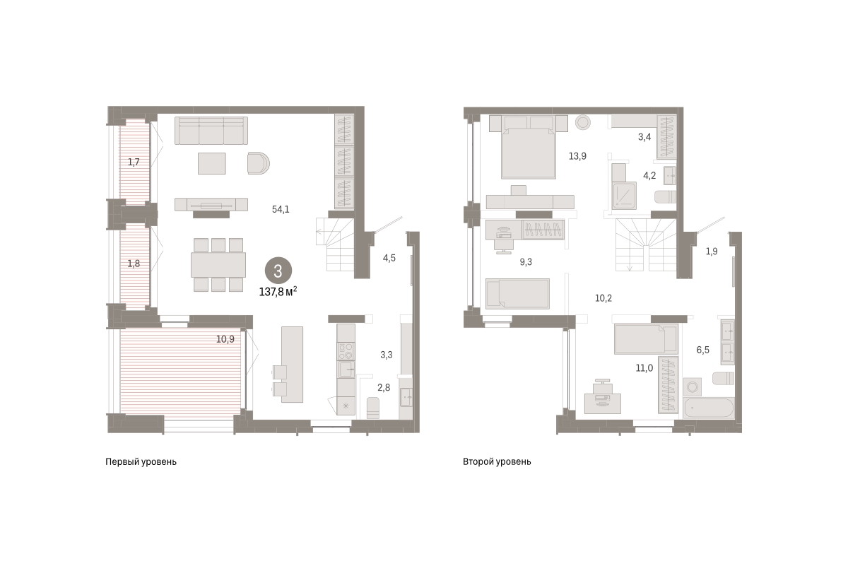 Планировка: 3-комнатная 137.8 м² в ЖК Республики 205, Центр: КПД