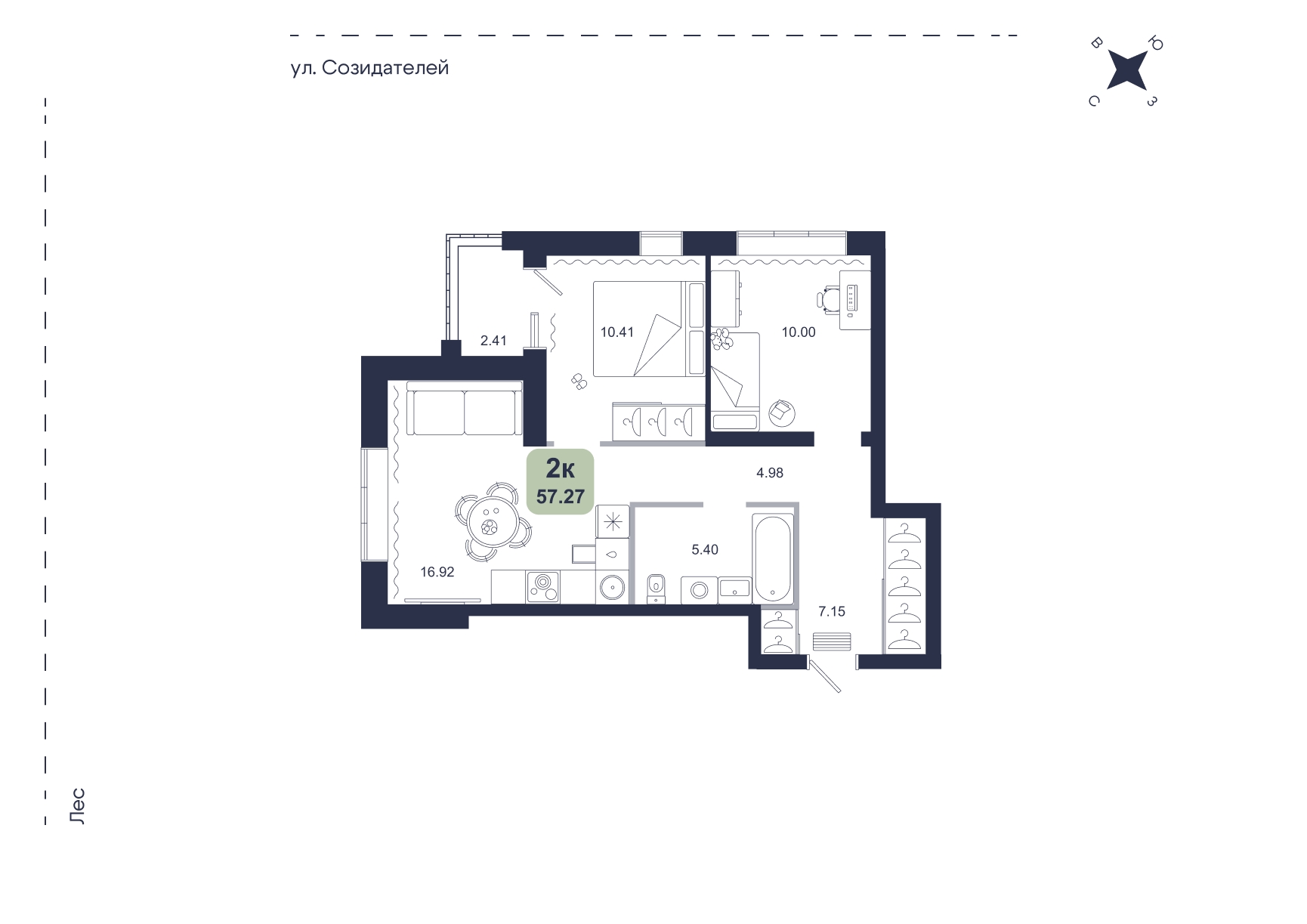Планировка: Евротрешка 57.3 м² в ЖК Хито, От Слободы до Комарово парк