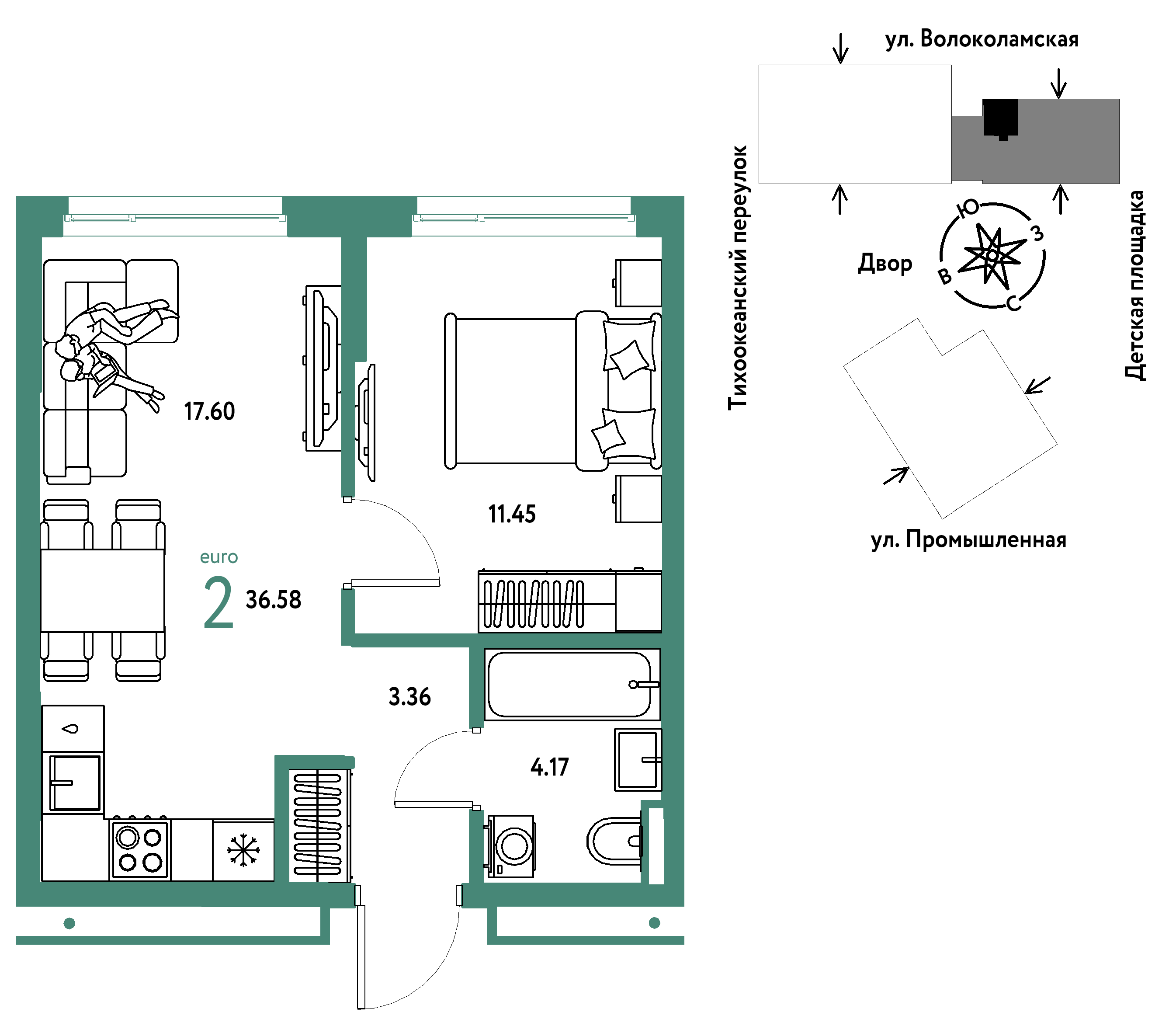 Планировка: Евродвушка 36.6 м² в ЖК Страна. Прибрежная, Центр: Студгородок