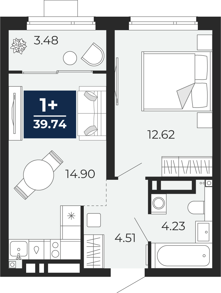 Планировка: Евродвушка 39.7 м² в ЖК Прео, Тюменская слобода