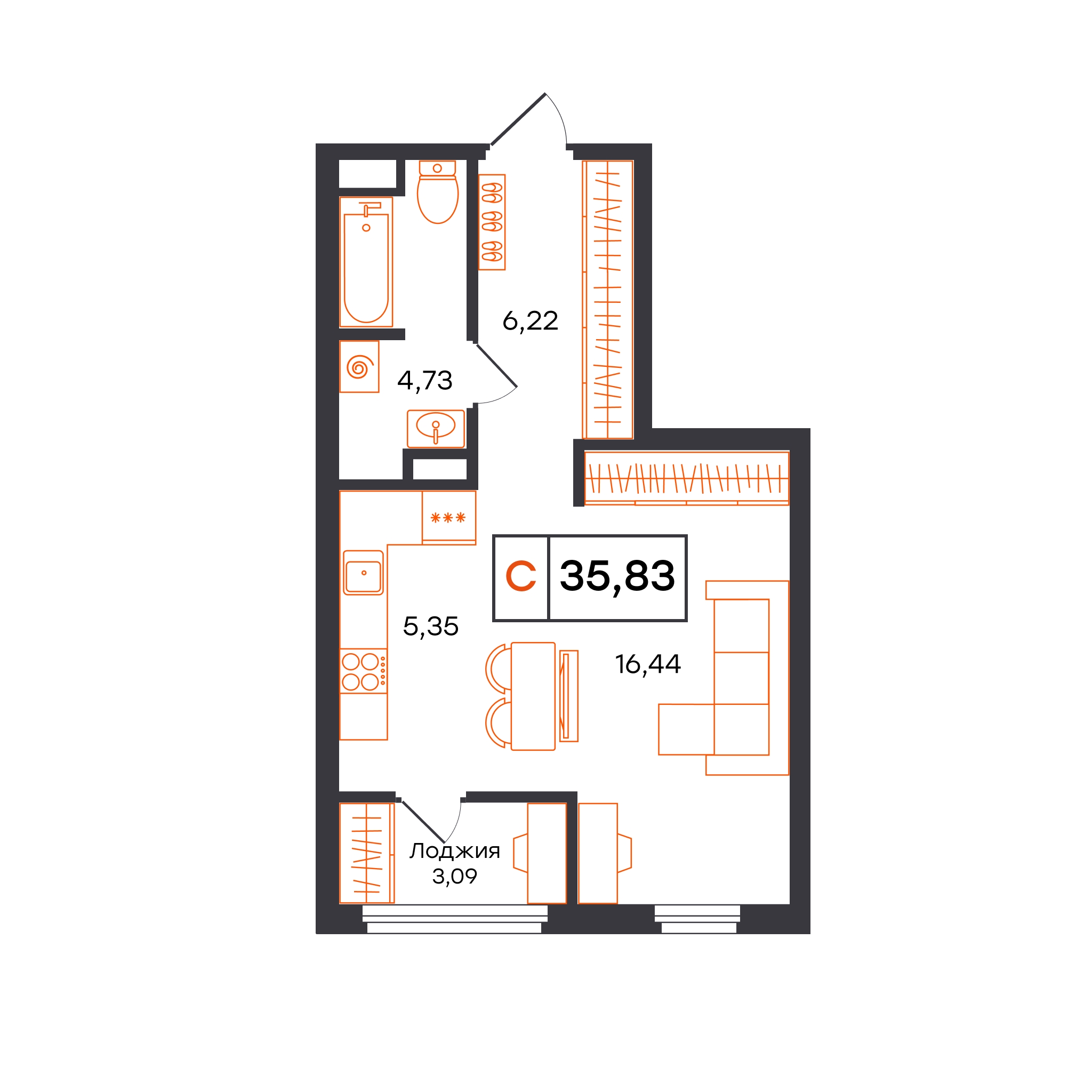 Планировка: Студия 35.8 м² в ЖК Отличие, Комарово Парк