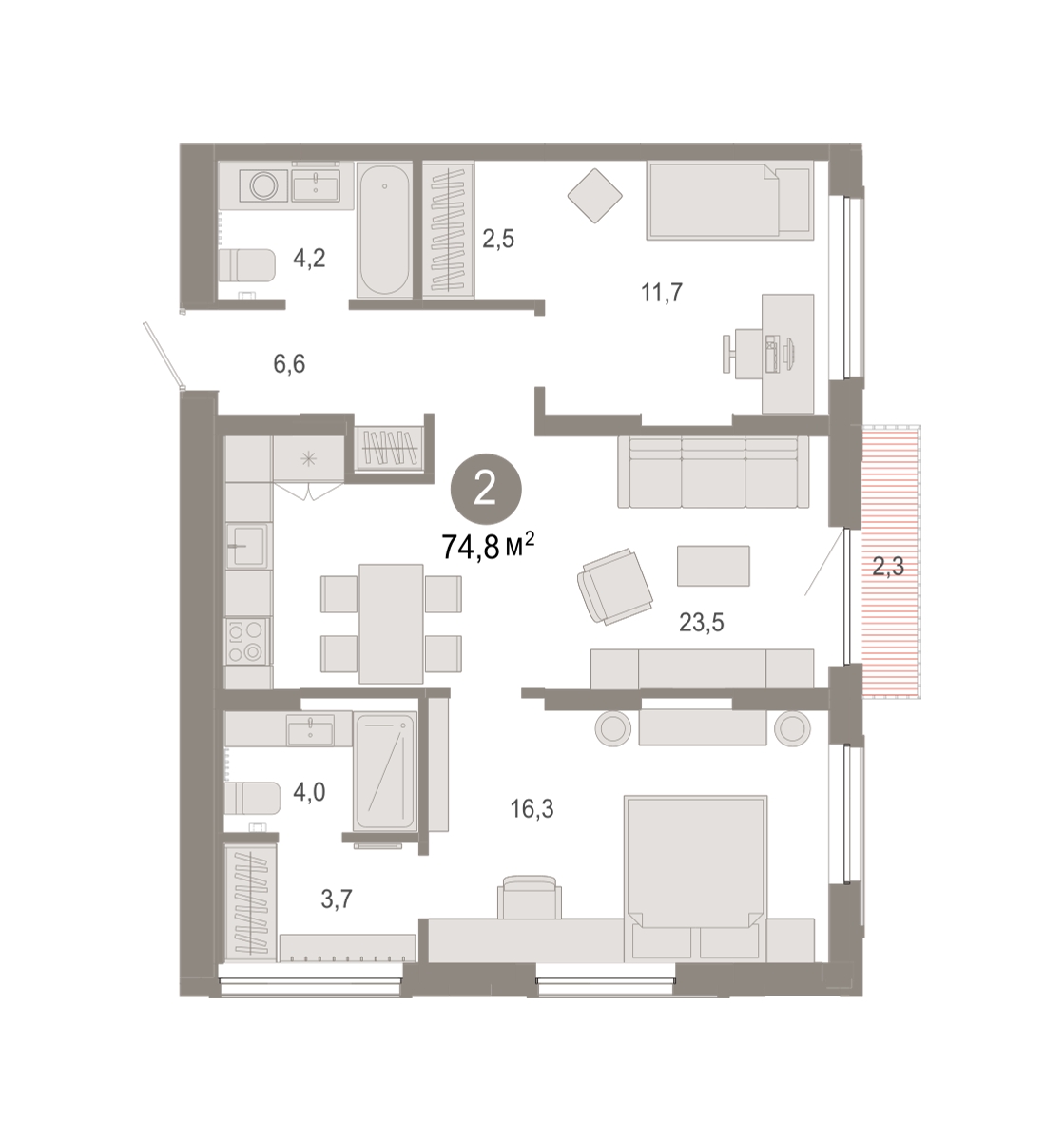 Планировка: 2-комнатная 74.8 м² в ЖК Октябрьский на Туре, ДОК