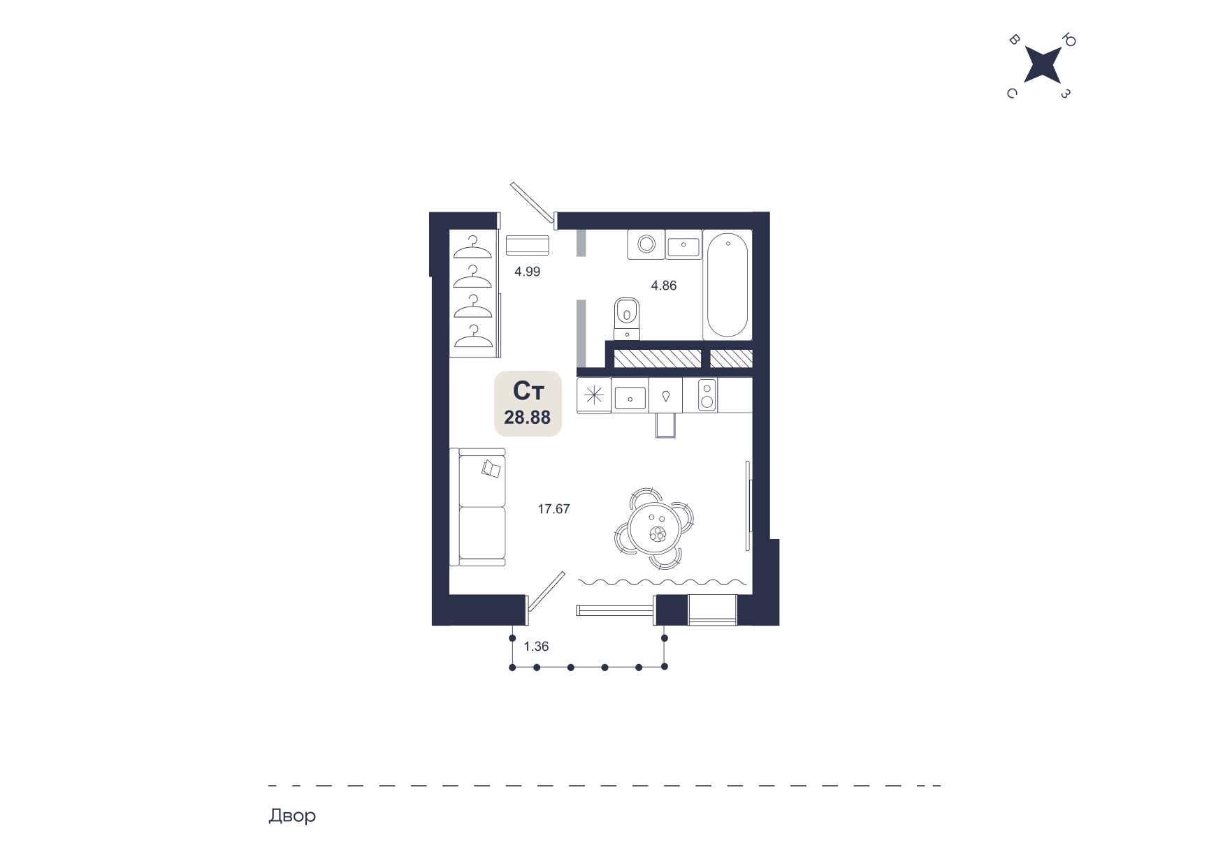 Планировка: Студия 28.9 м² в ЖК Хито, От Слободы до Комарово парк