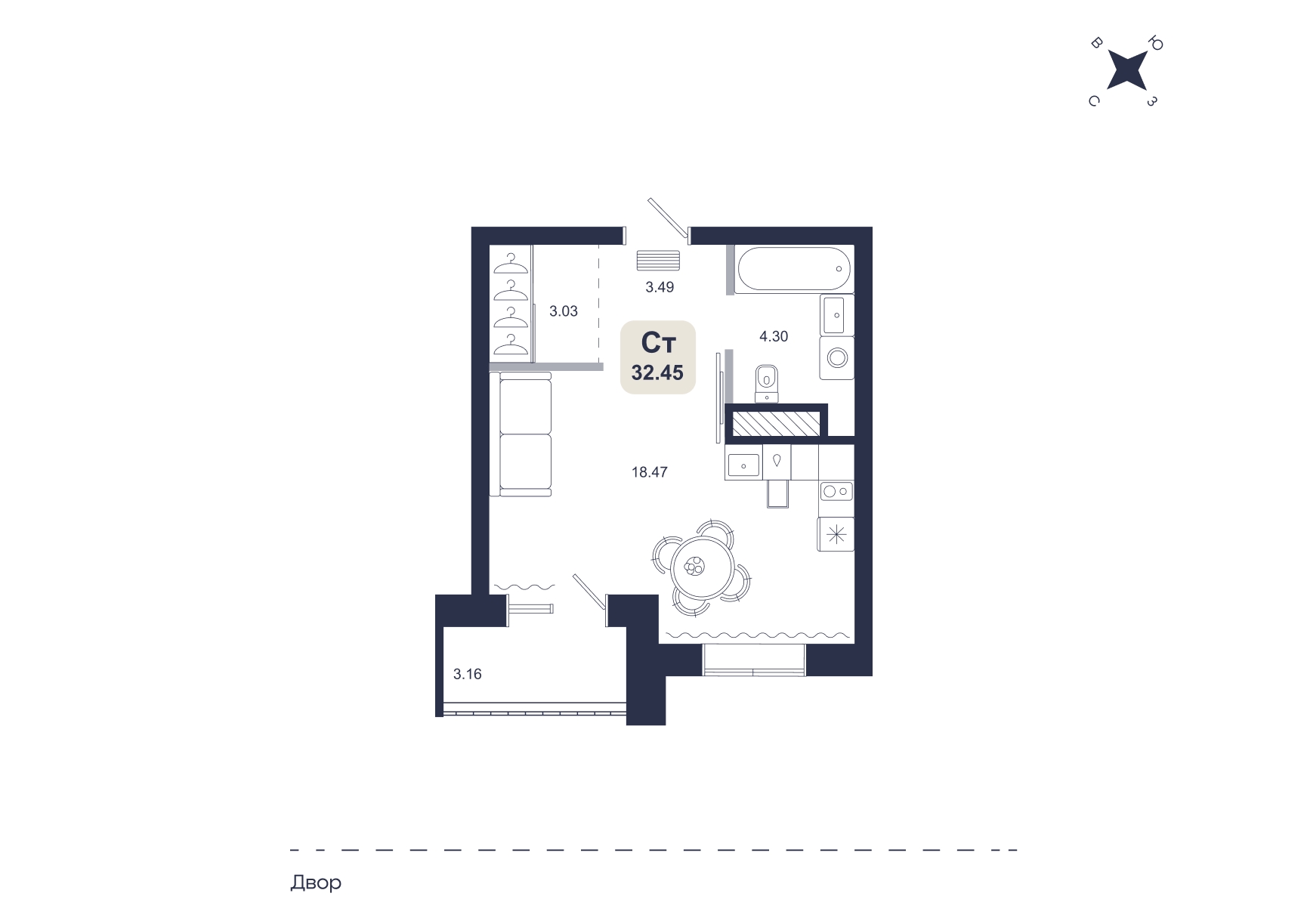 Планировка: Студия 32.5 м² в ЖК Хито, От Слободы до Комарово парк