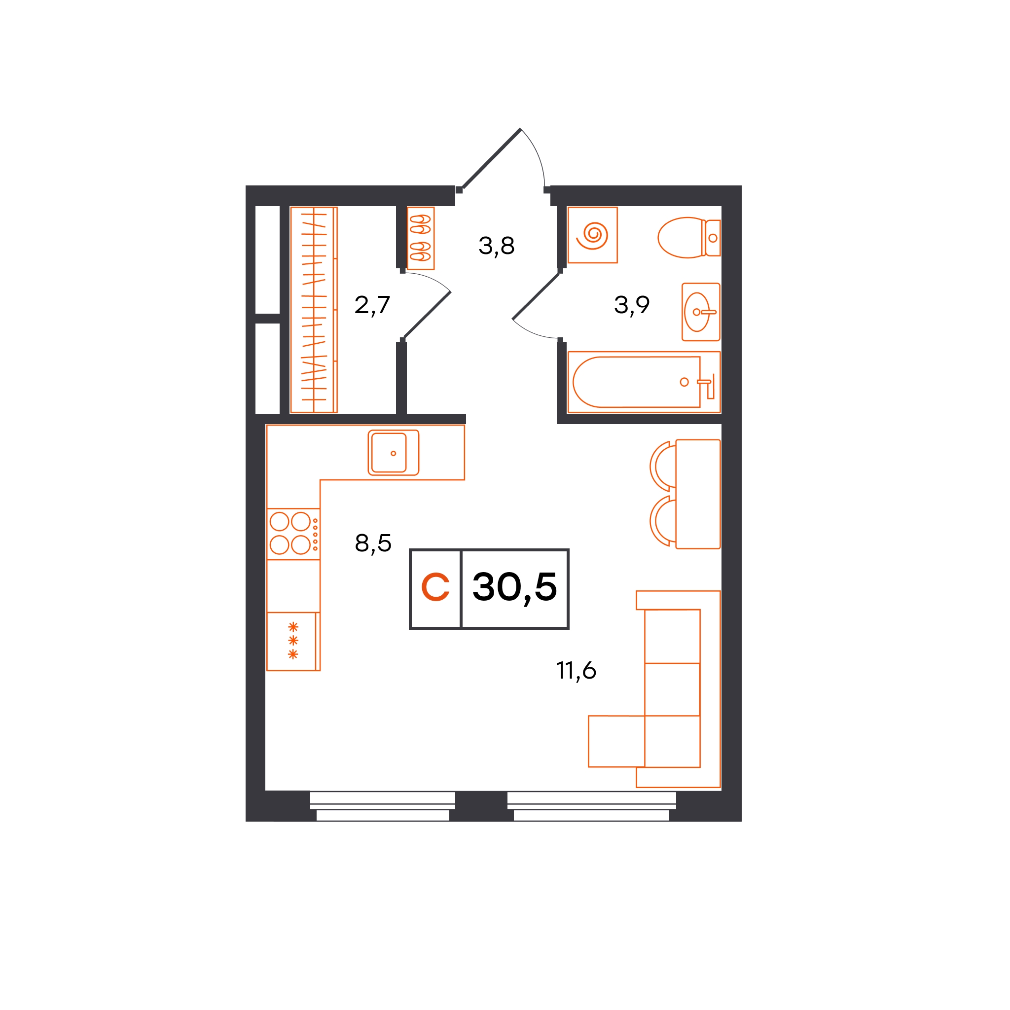 Планировка: Студия 30.5 м² в ЖК Отличие, Комарово Парк