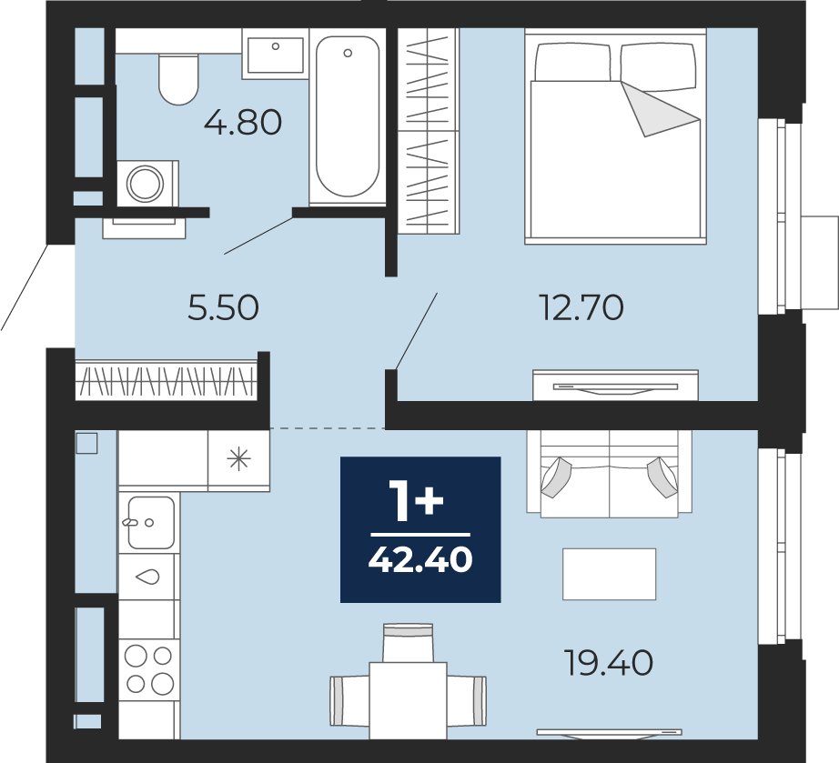 Планировка: Евродвушка 42.4 м² в ЖК Айвазовский, 5-й Заречный