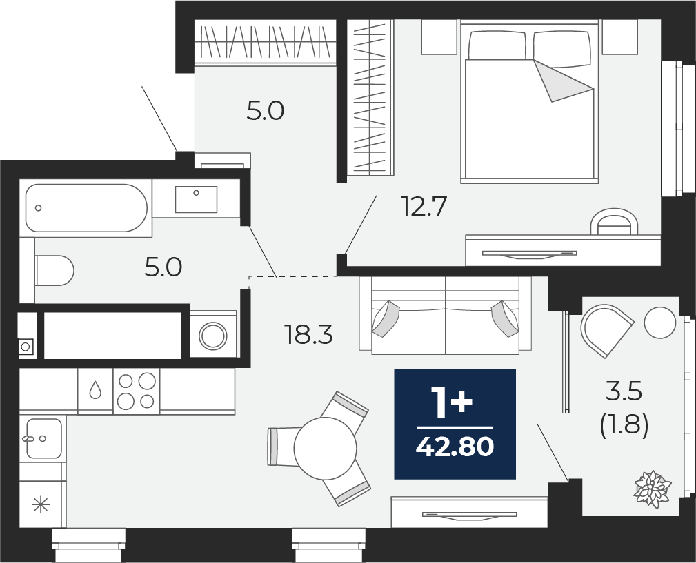 Планировка: Евродвушка 44.5 м² в ЖК Мириады, Мыс