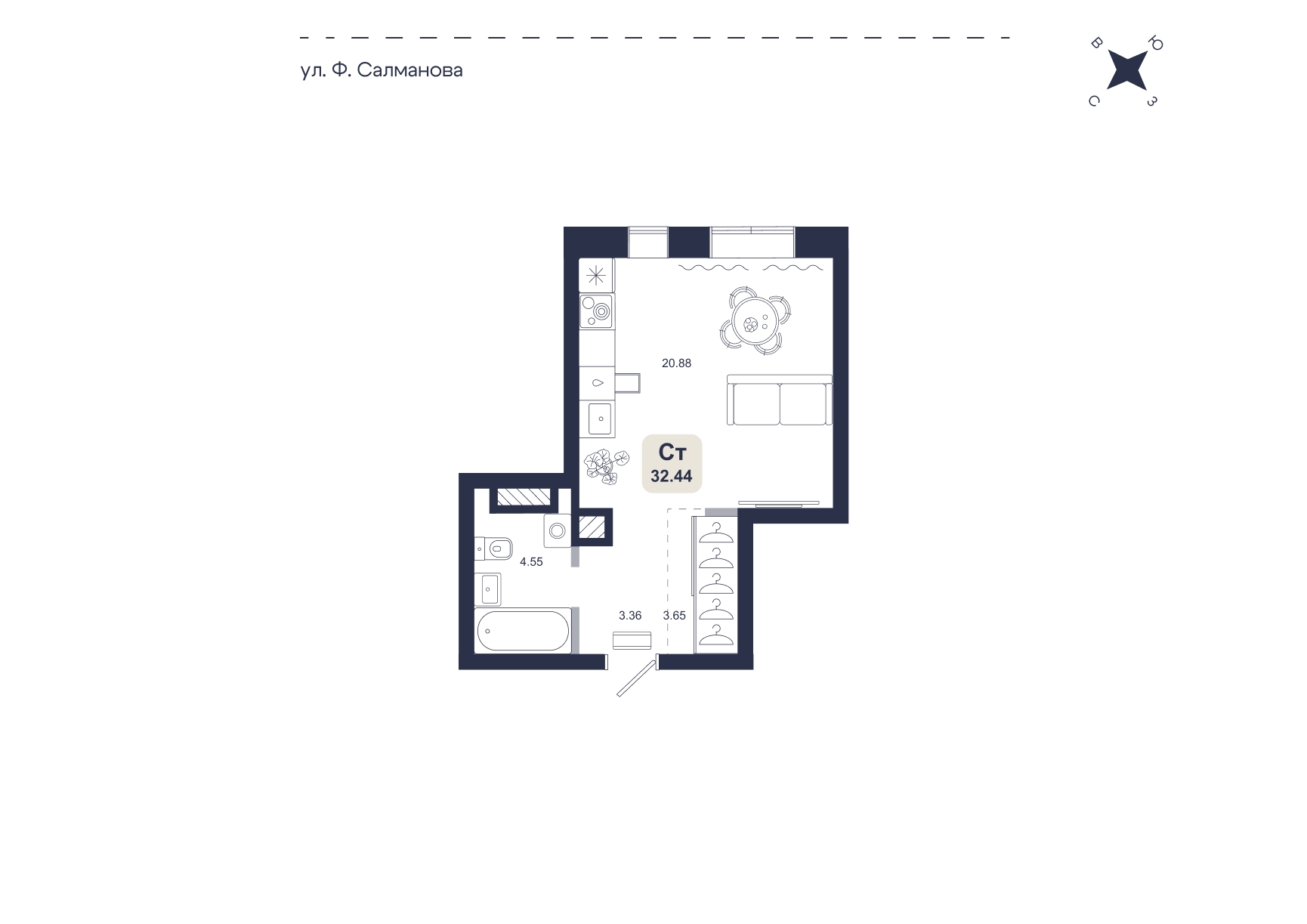 Планировка: Студия 32.4 м² в ЖК Хито, От Слободы до Комарово парк