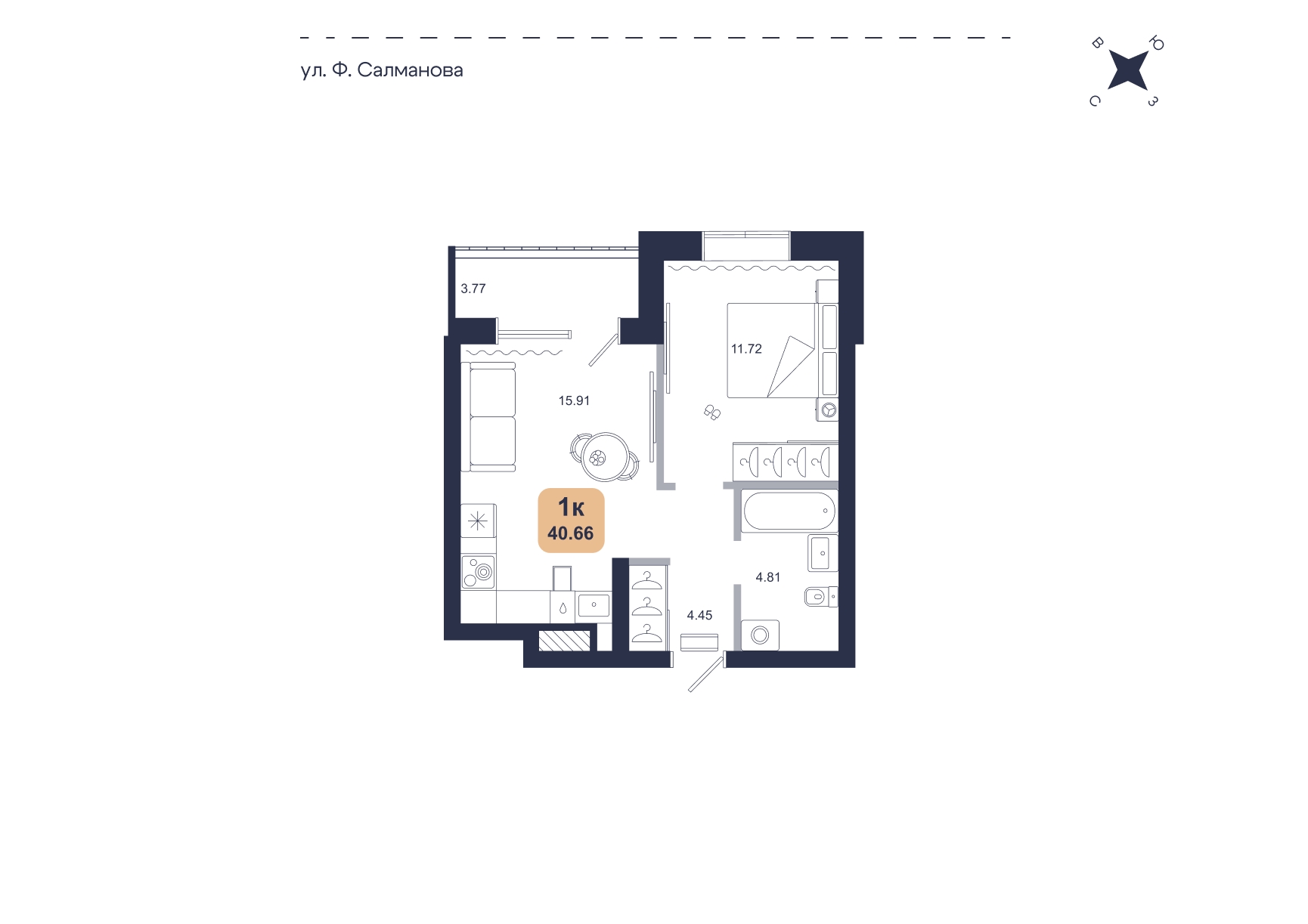 Планировка: Евродвушка 40.7 м² в ЖК Хито, От Слободы до Комарово парк