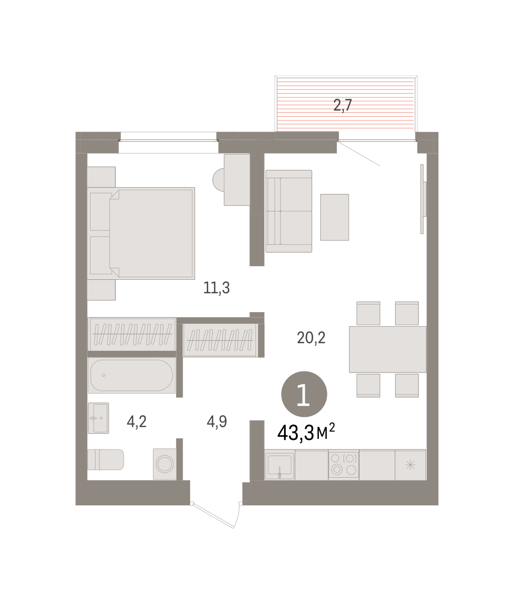 Планировка: 1-комнатная 43.3 м² в ЖК Речной порт, Центр: Дом печати