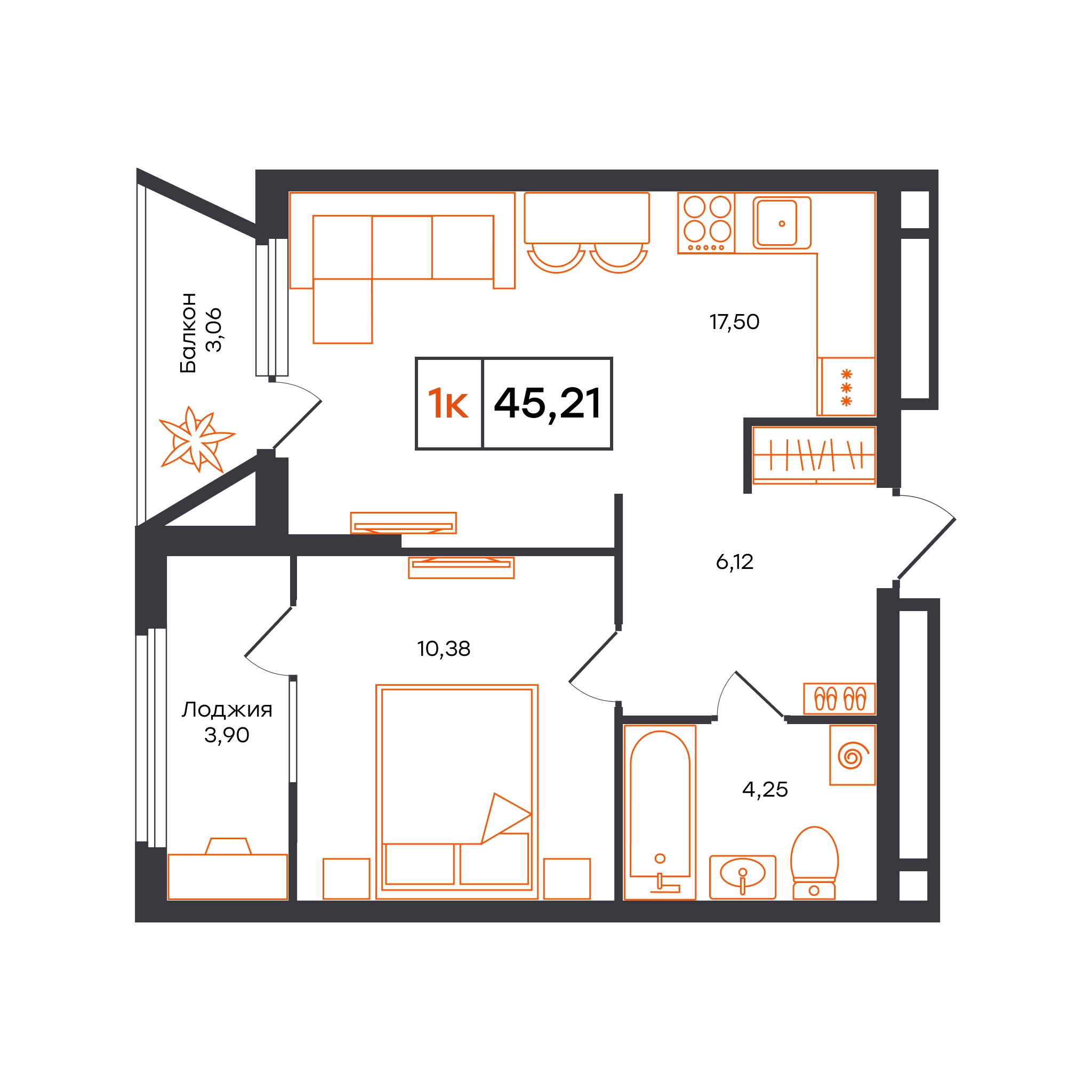 Планировка: Евродвушка 45.2 м² в ЖК Отличие, Комарово Парк