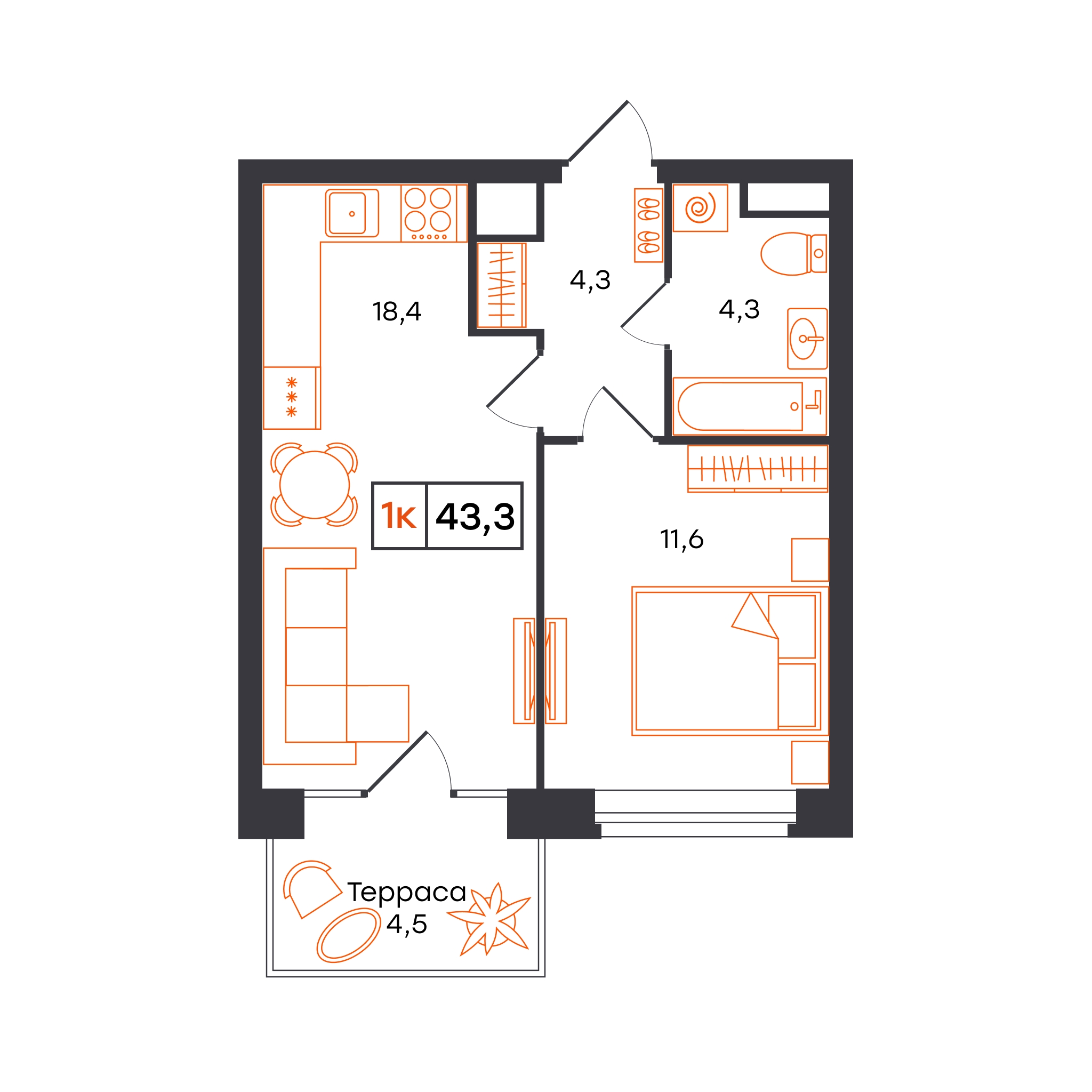 Планировка: Евродвушка 43.3 м² в ЖК Отличие, Комарово Парк