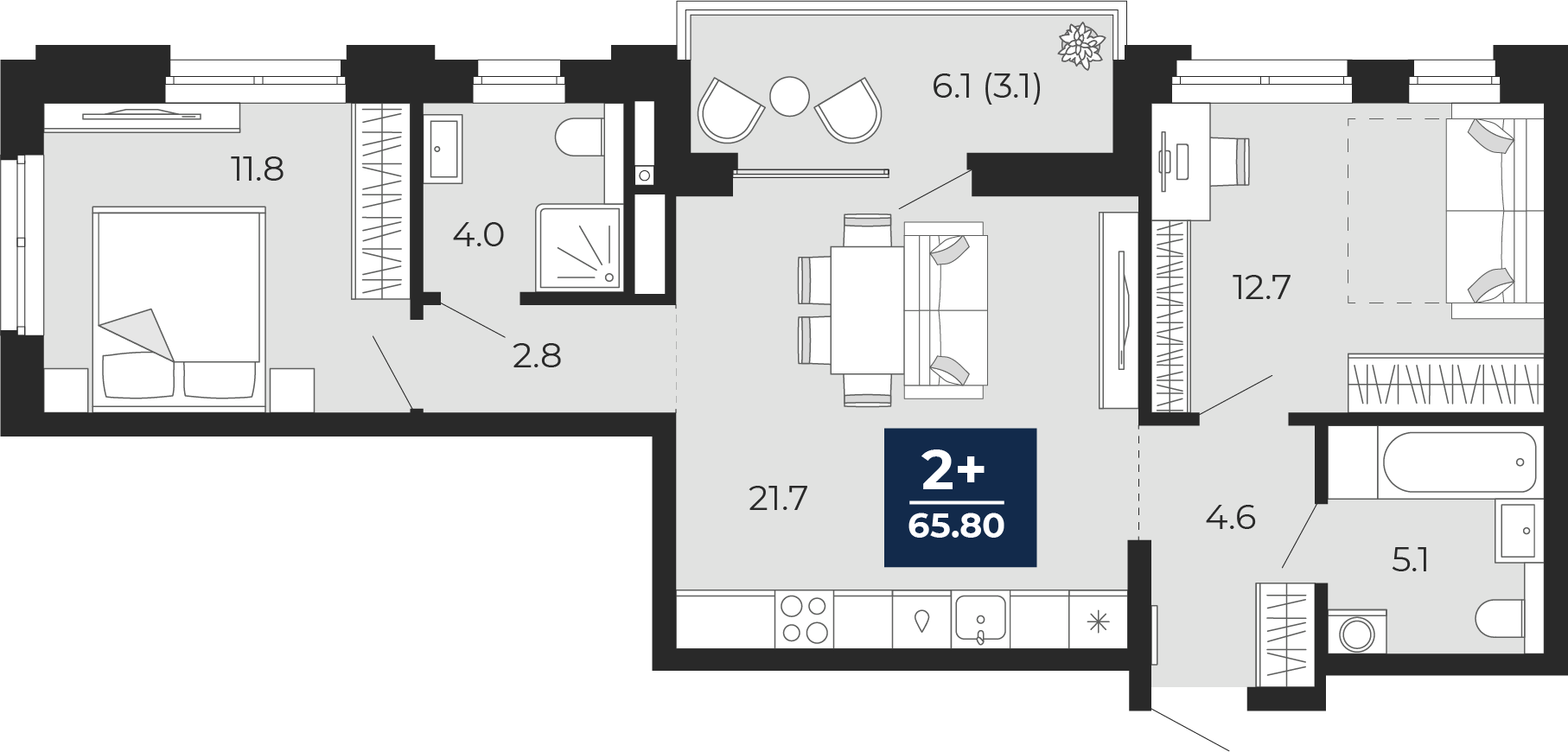 Планировка: Евротрешка 68.8 м² в ЖК Мириады, Мыс