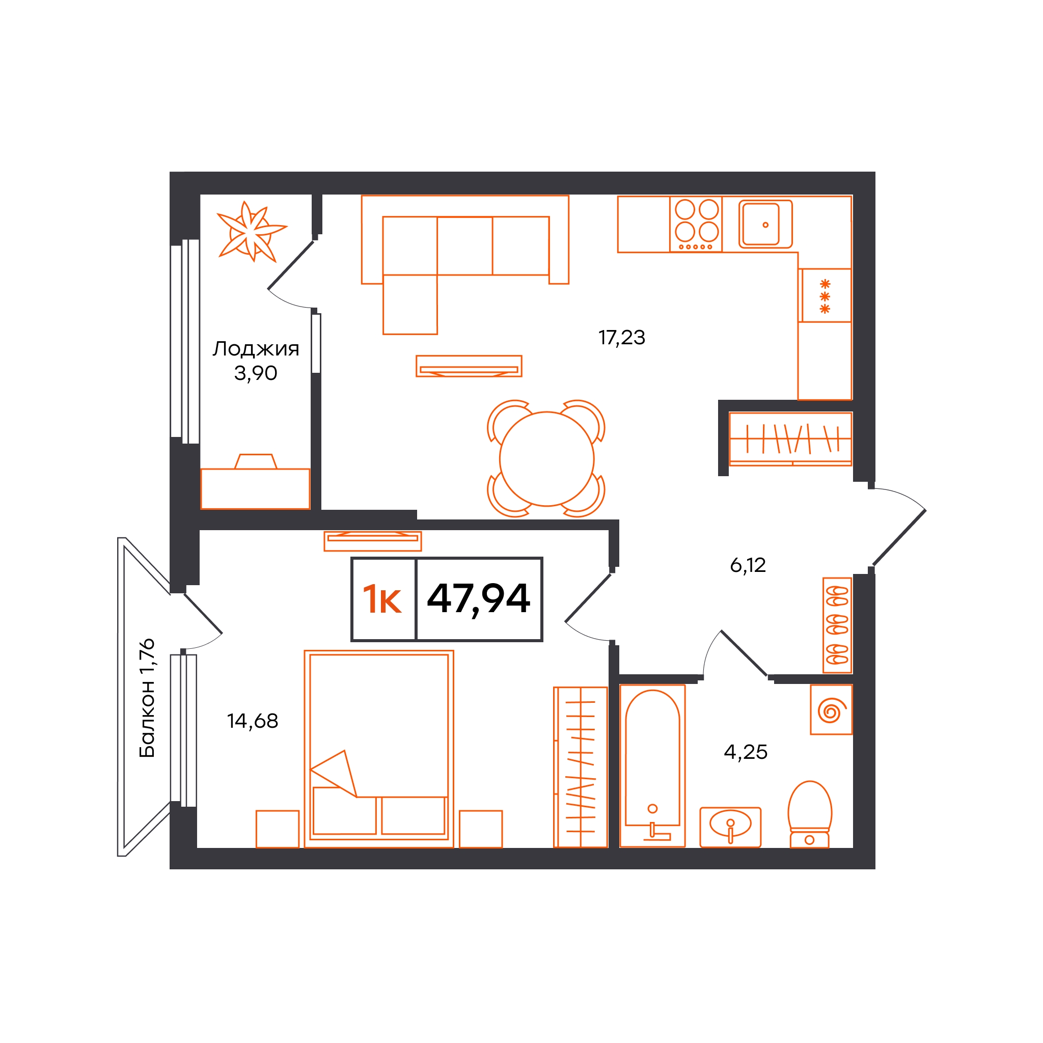 Планировка: Евродвушка 47.9 м² в ЖК Отличие, Комарово Парк