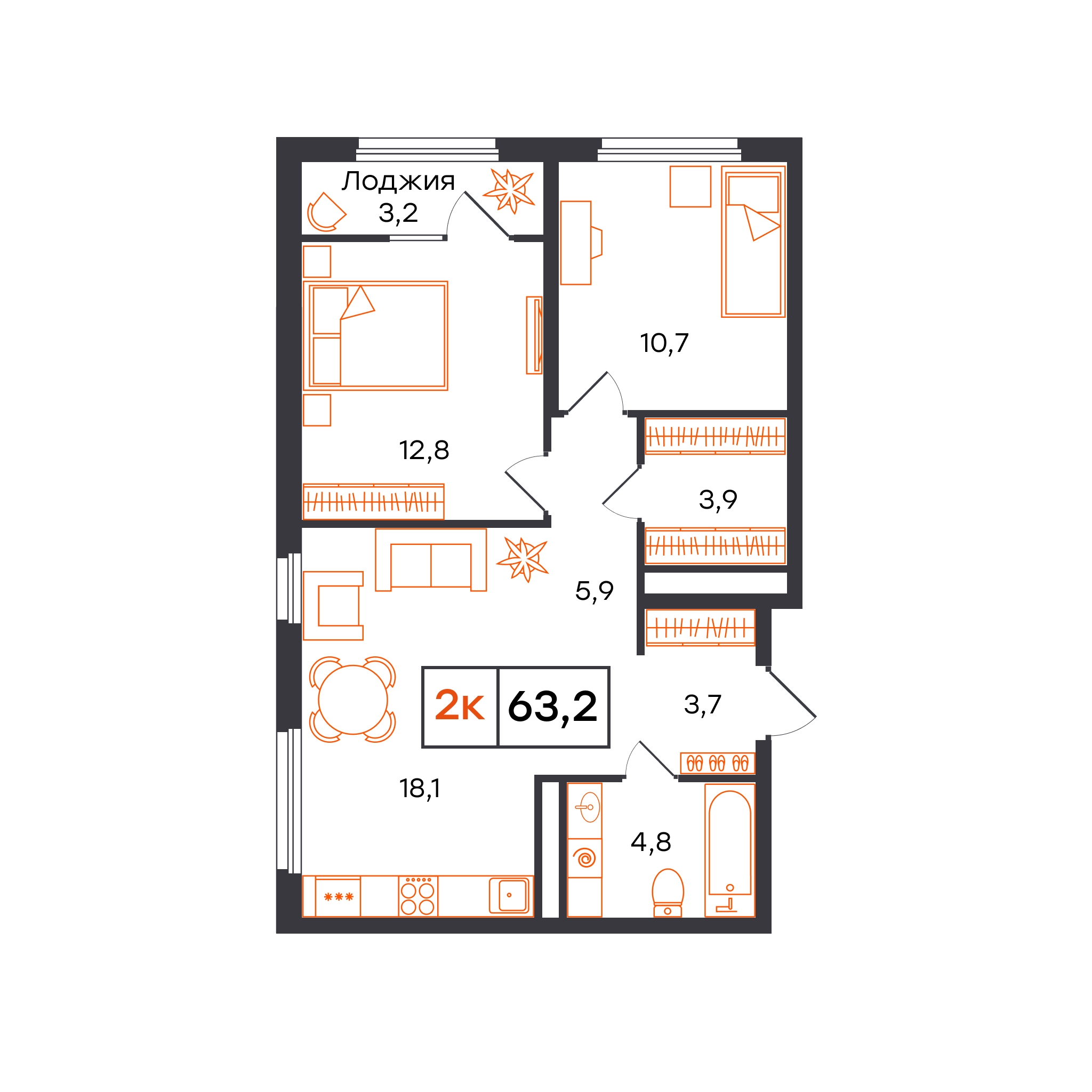 Планировка: Евротрешка 63.2 м² в ЖК Отличие, Комарово Парк
