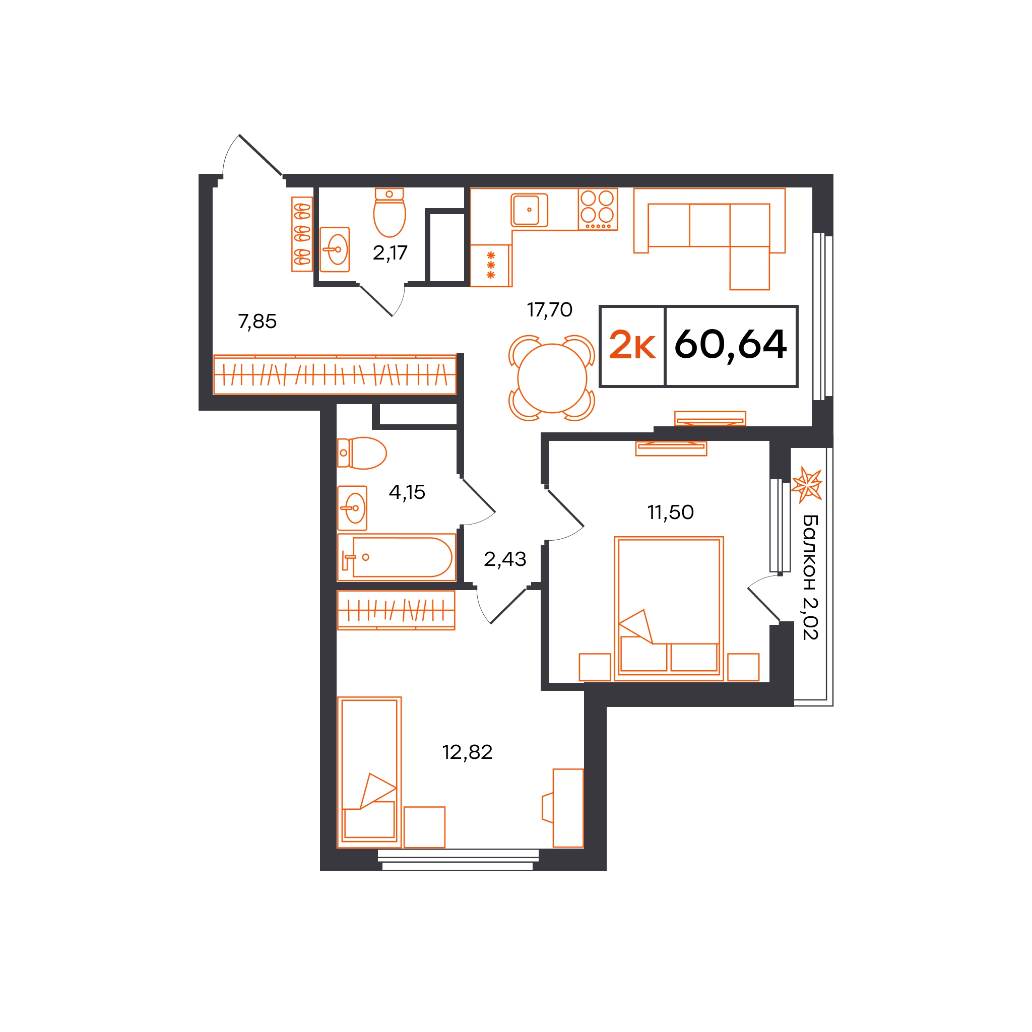 Планировка: Евротрешка 60.6 м² в ЖК Отличие, Комарово Парк