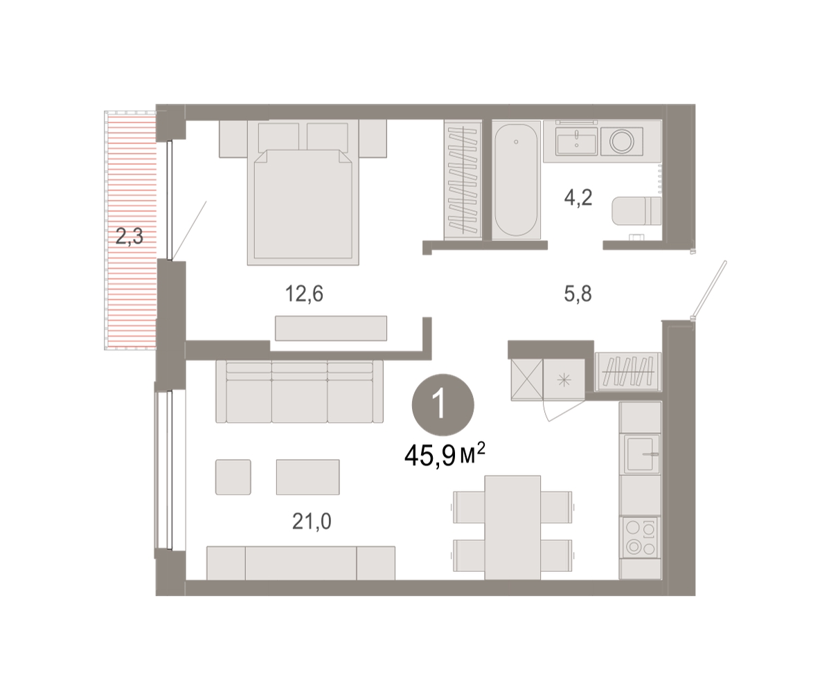 Планировка: Евродвушка 45.9 м² в ЖК Октябрьский на Туре, ДОК