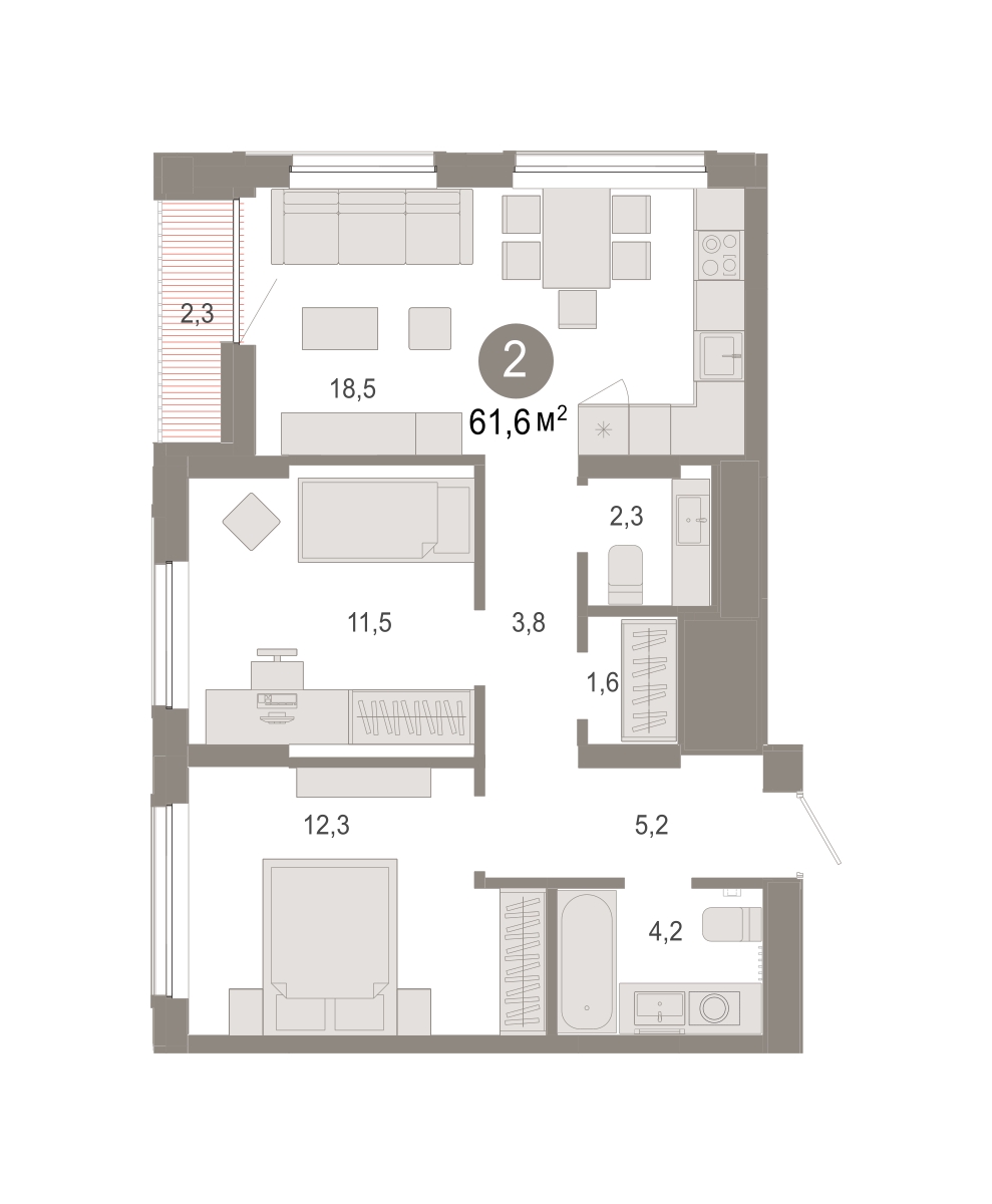 Планировка: 2-комнатная 61.6 м² в ЖК Октябрьский на Туре, ДОК