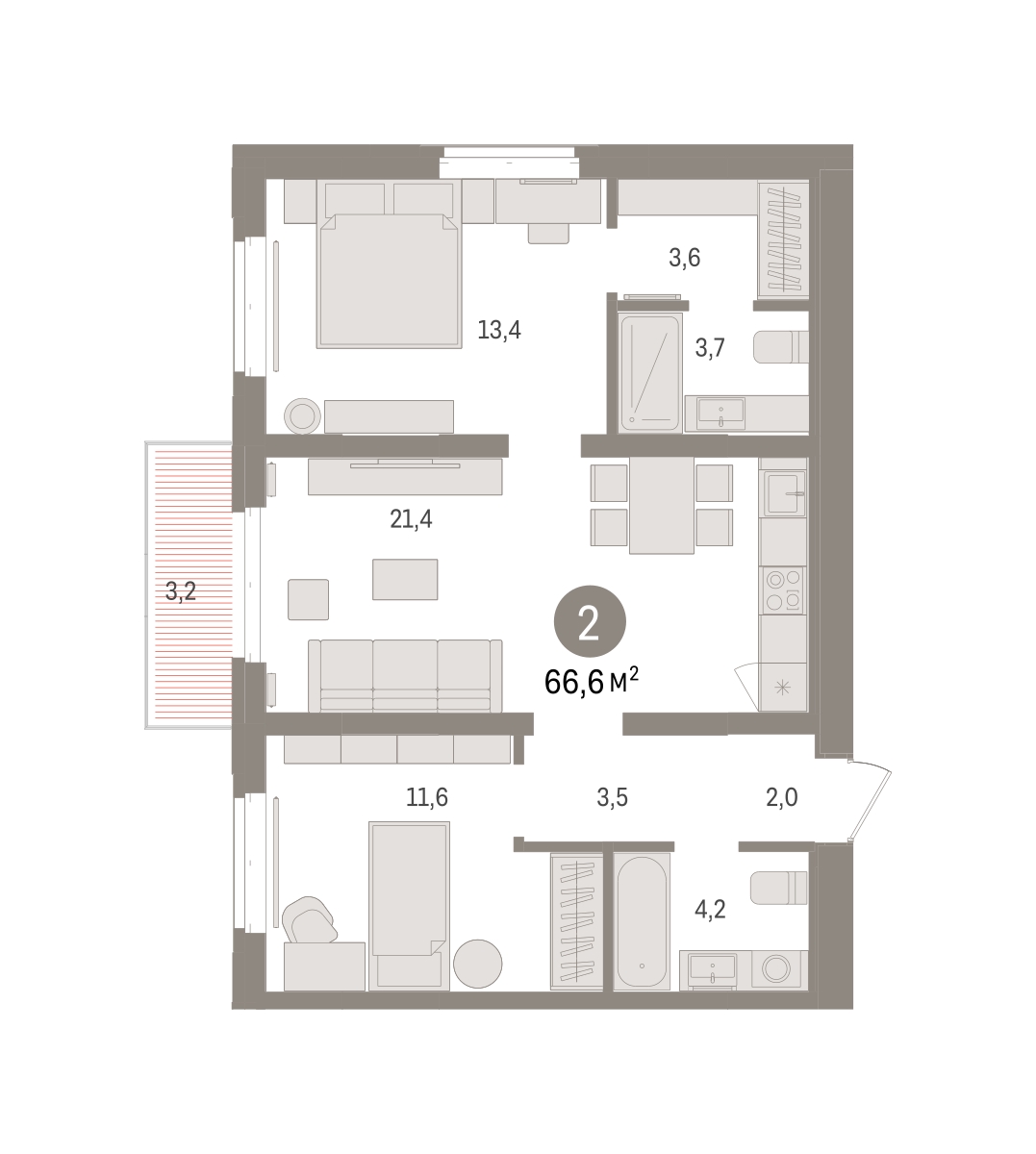 Планировка: 2-комнатная 66.6 м² в ЖК На Минской, Центр: Драмтеатр