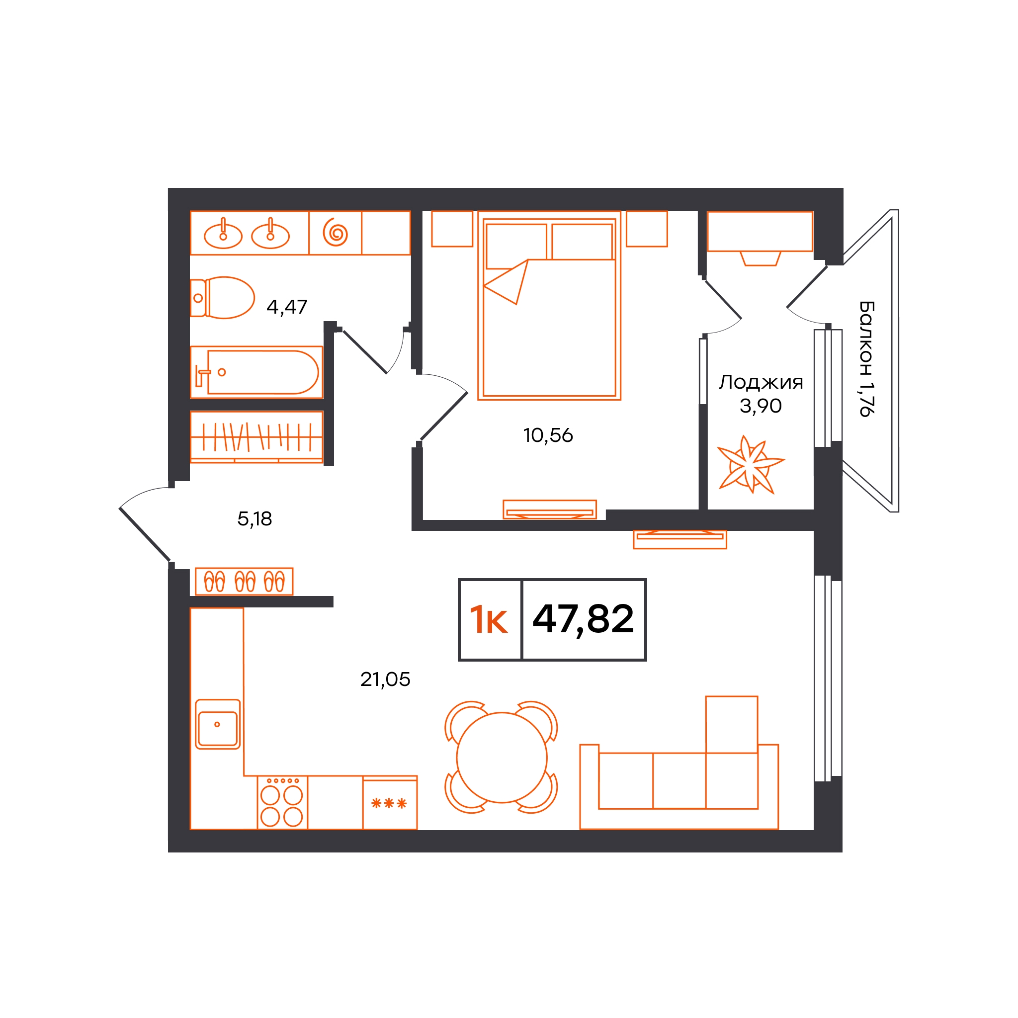 Планировка: Евродвушка 47.8 м² в ЖК Отличие, Комарово Парк