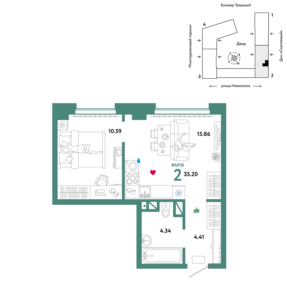 Планировка: Евродвушка 35.2 м² в ЖК Домашний, Плеханово