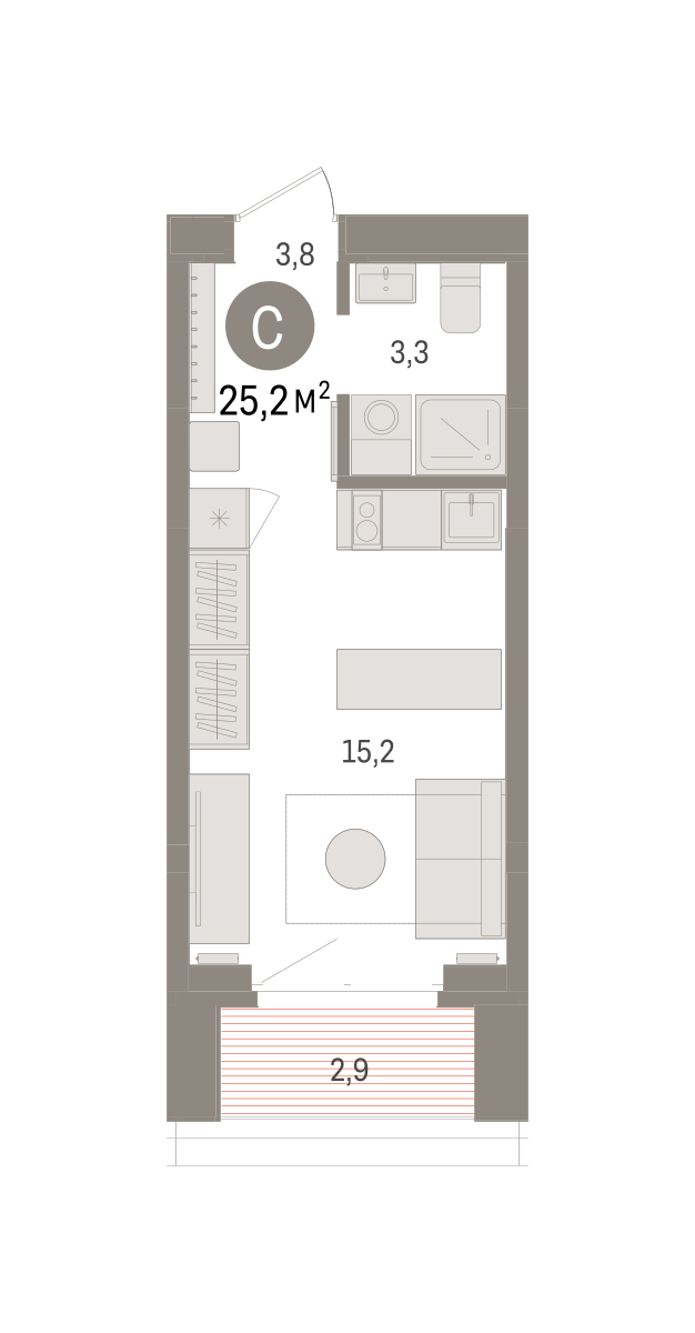 Планировка: Студия 25.2 м² в ЖК На Минской, Центр: Драмтеатр