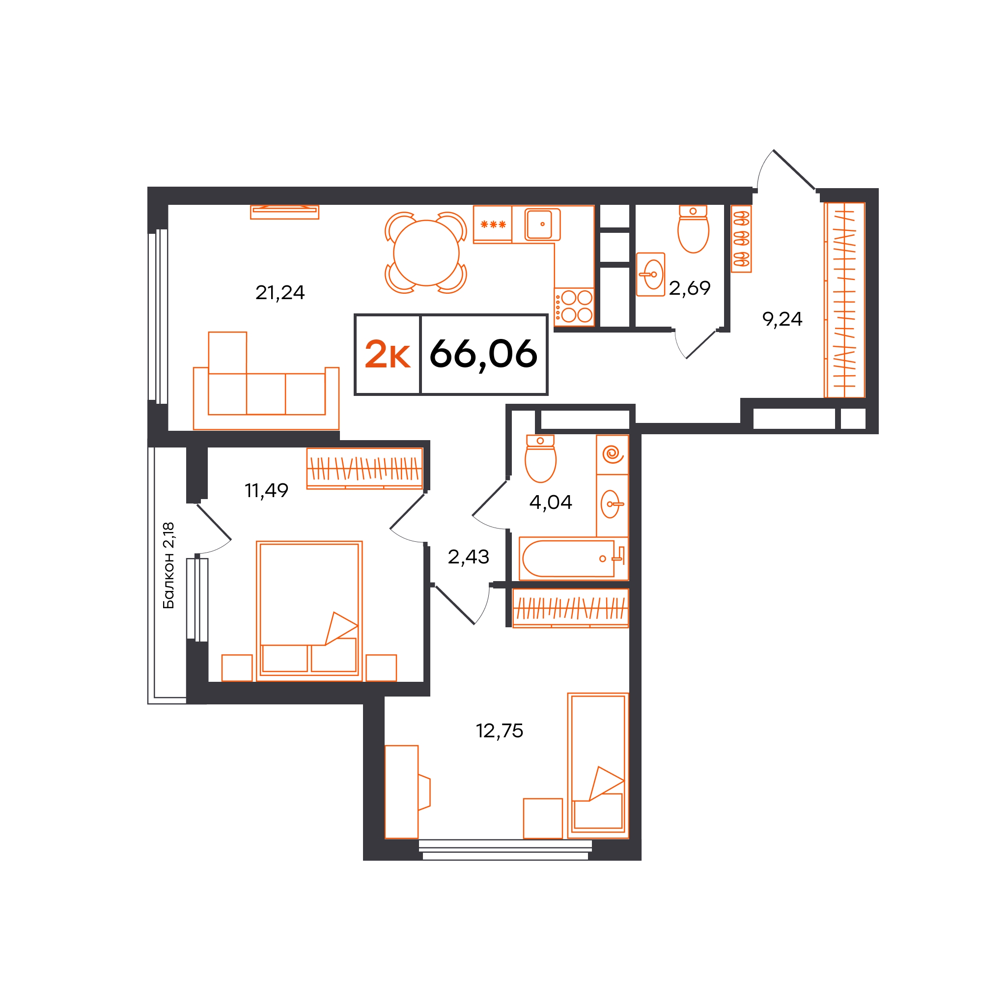 Планировка: Евротрешка 66.1 м² в ЖК Отличие, Комарово Парк