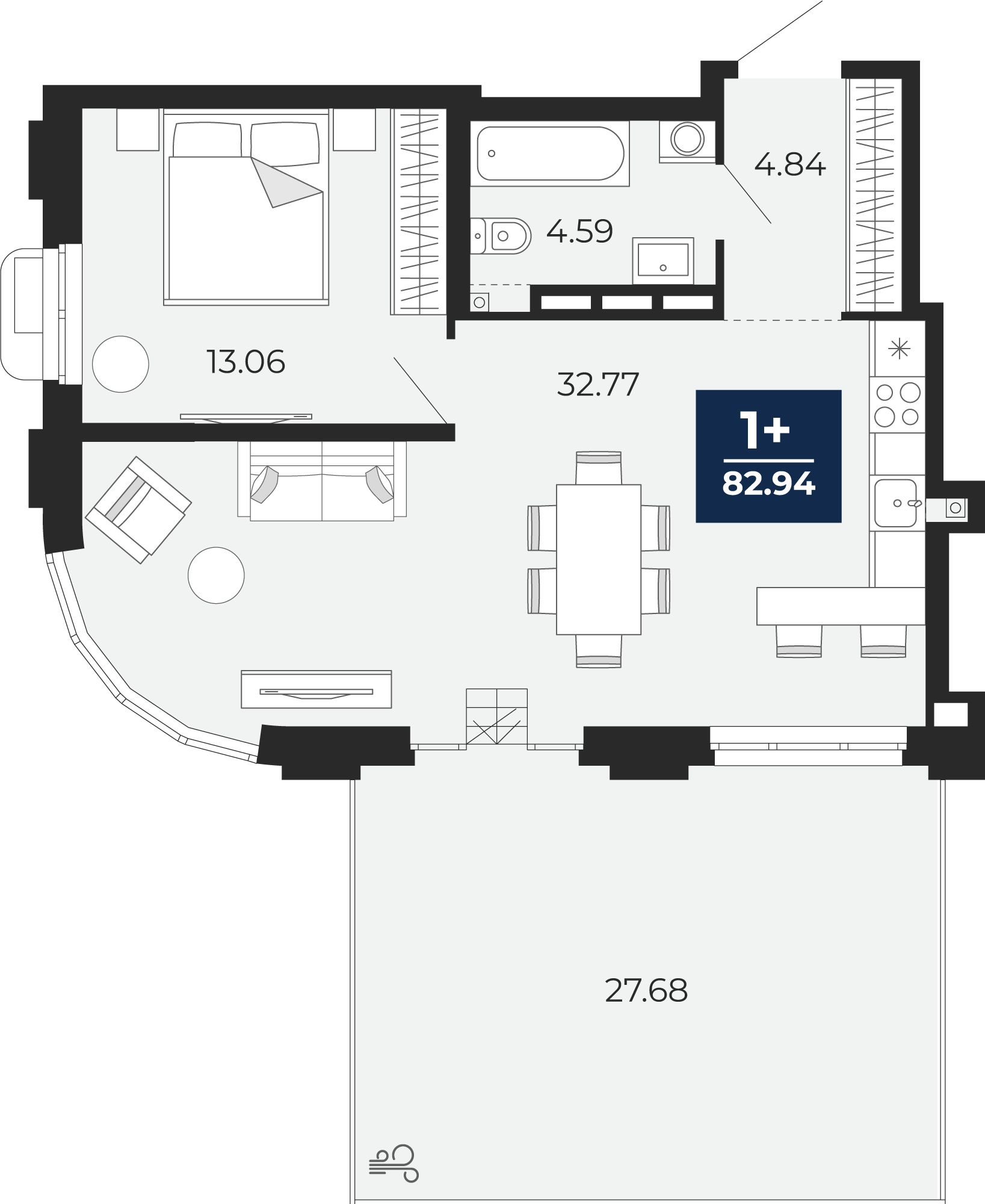 Планировка: 1-комнатная 82.9 м² в ЖК Айвазовский, 5-й Заречный