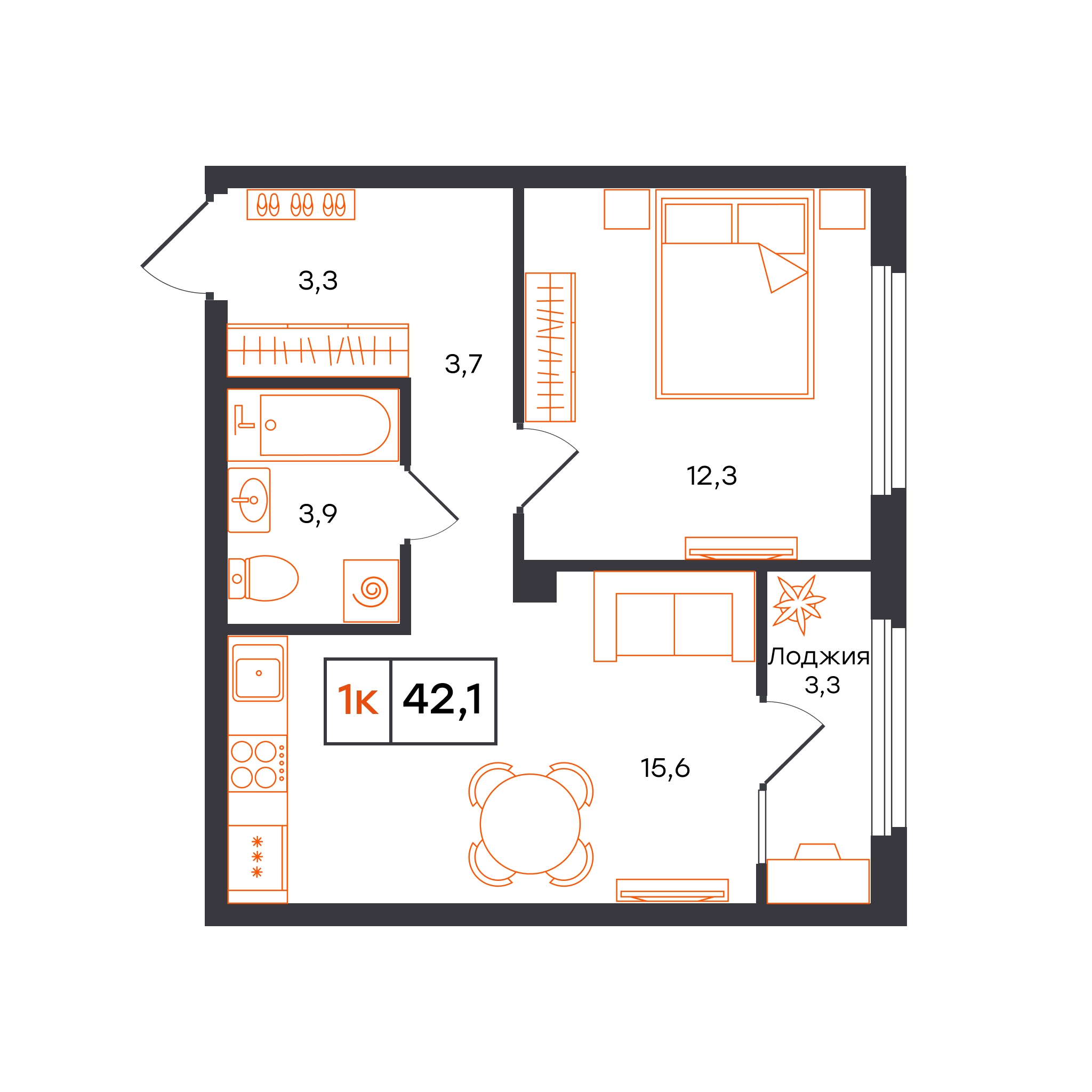 Планировка: Евродвушка 42.1 м² в ЖК Отличие, Комарово Парк