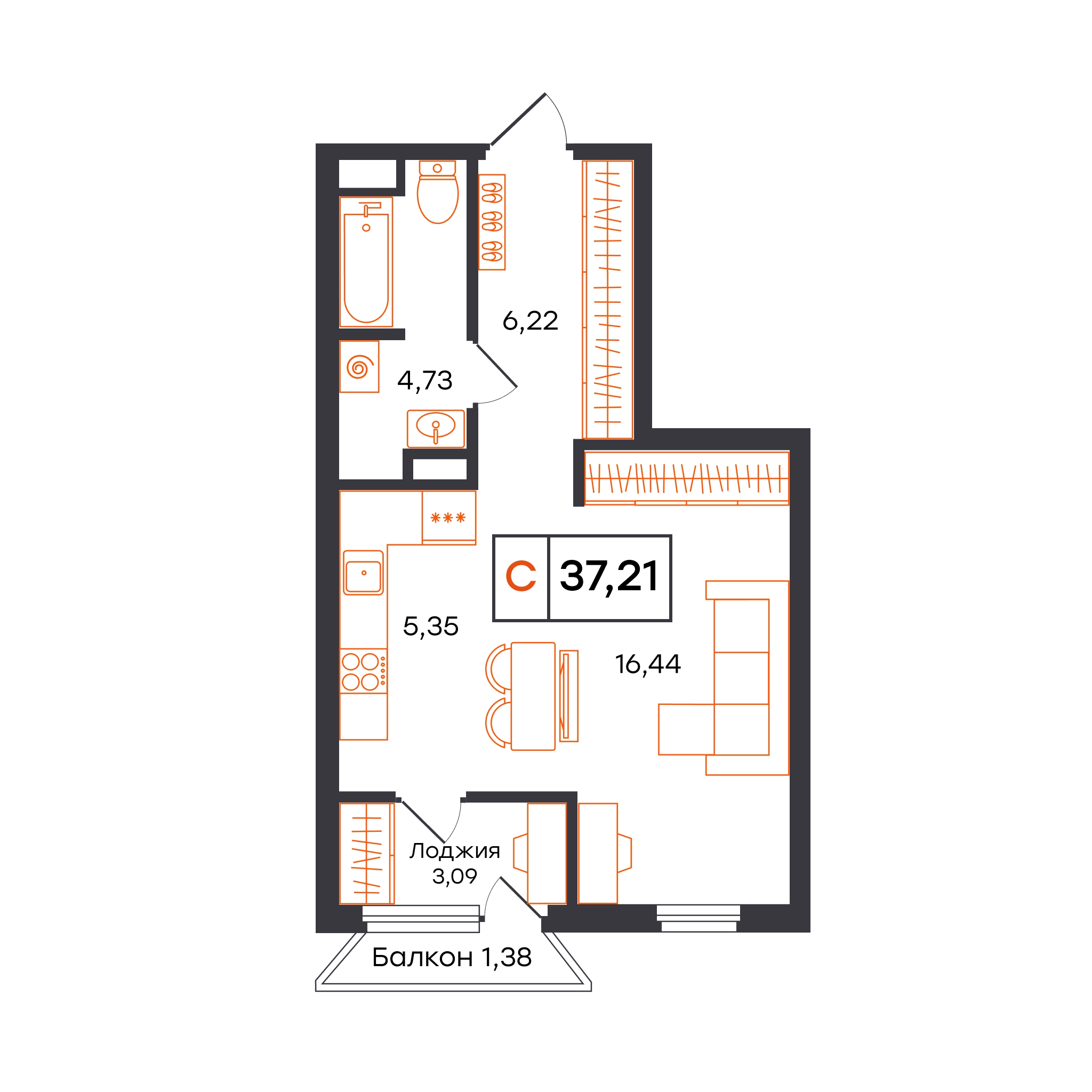 Планировка: Студия 37.2 м² в ЖК Отличие, Комарово Парк