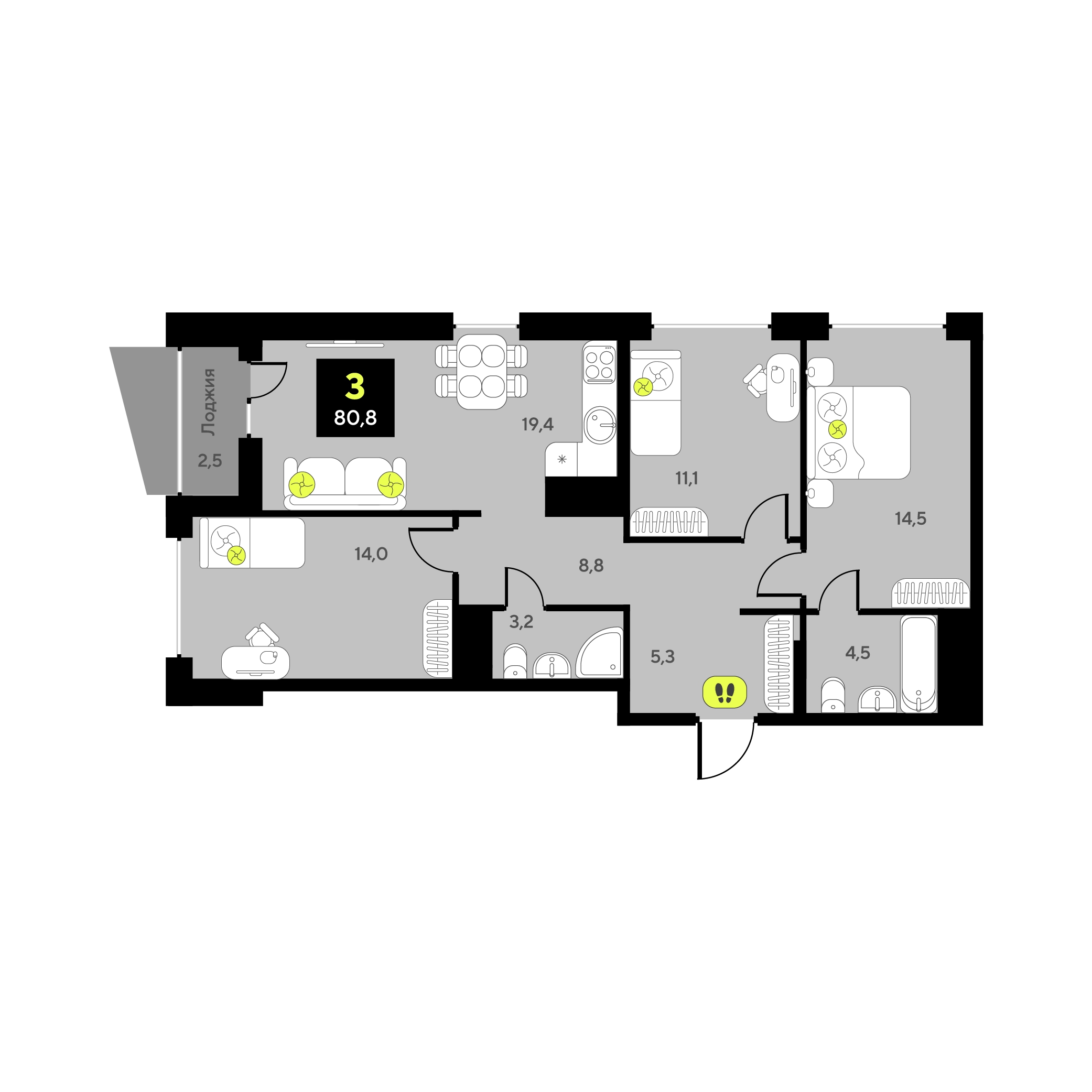 Планировка: 3-комнатная 80.8 м² в ЖК Дивный квартал у озера, 5-й Заречный