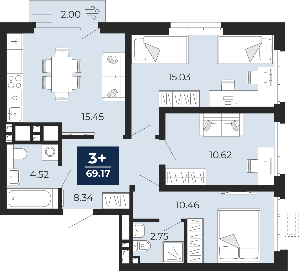 Планировка: 4-комнатная евро 69.2 м² в ЖК Беринг, Лесобаза