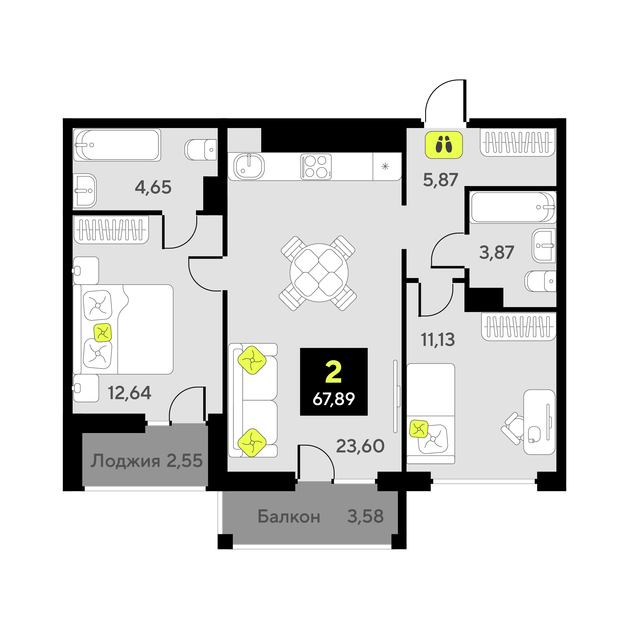 Планировка: 2-комнатная 61.2 м² в ЖК Дивный квартал у озера, 5-й Заречный