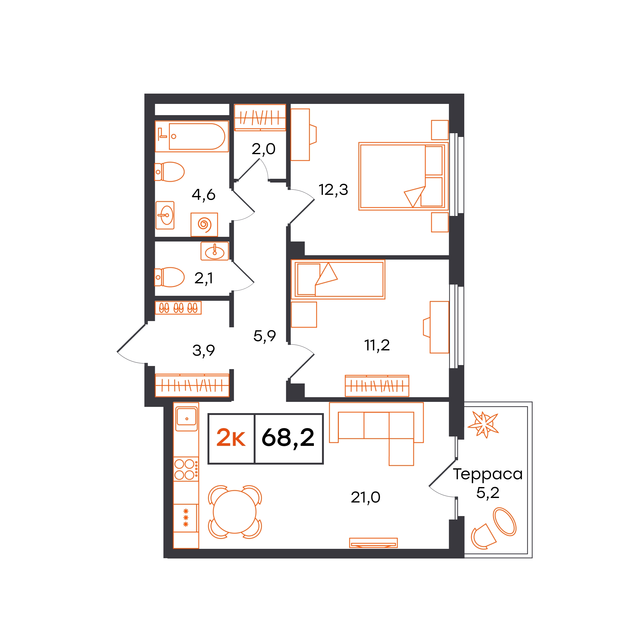 Планировка: Евротрешка 68.2 м² в ЖК Отличие, Комарово Парк