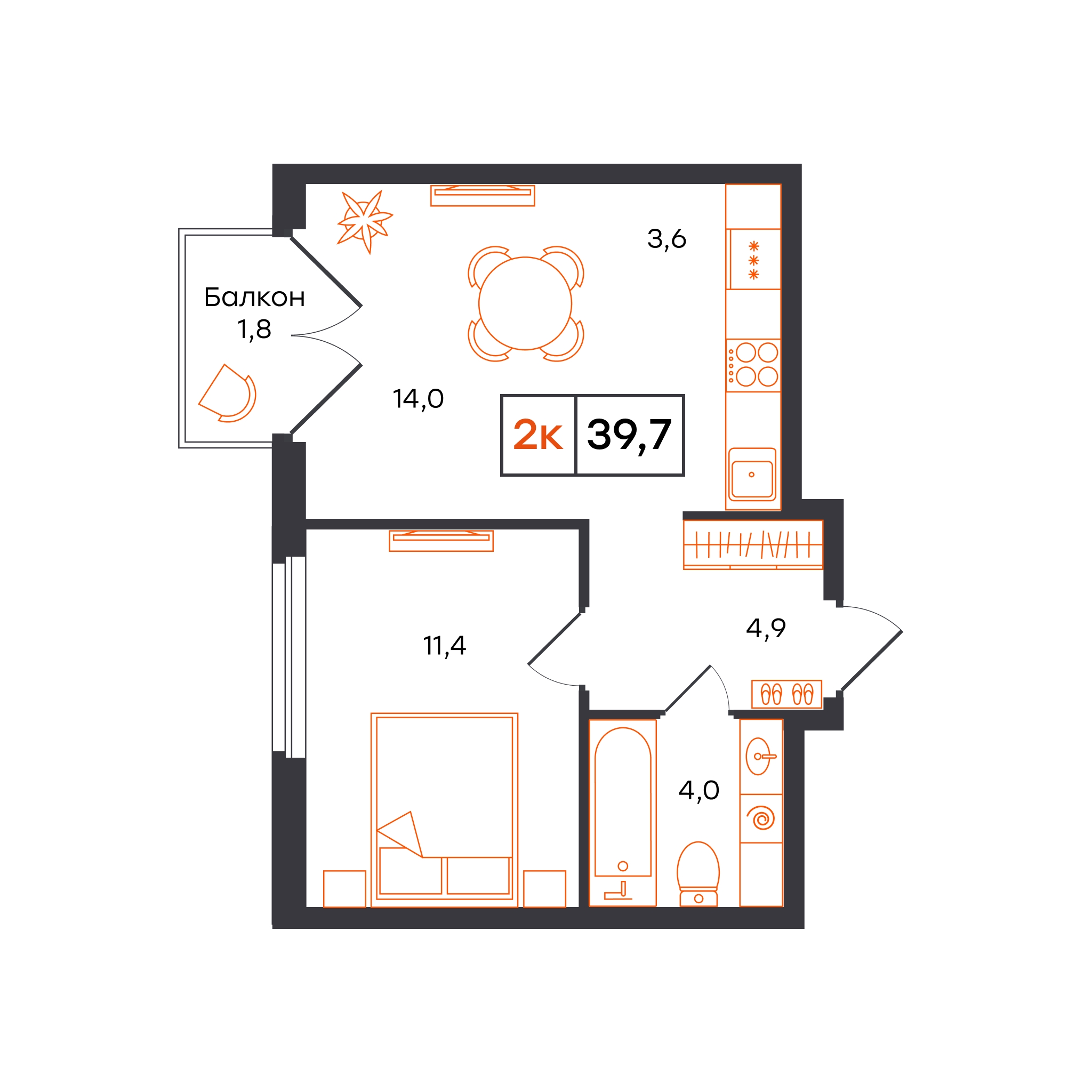 Планировка: Евродвушка 39.7 м² в ЖК Отличие, Комарово Парк