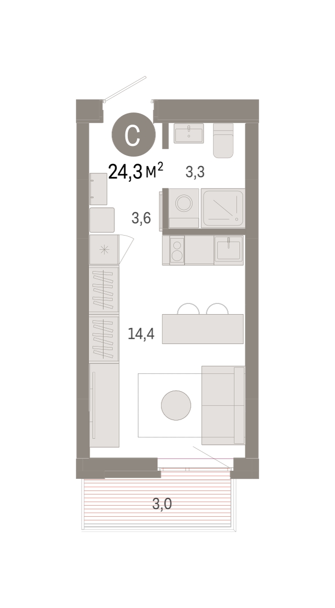 Планировка: Студия 24.3 м² в ЖК Республики 205, Центр: КПД