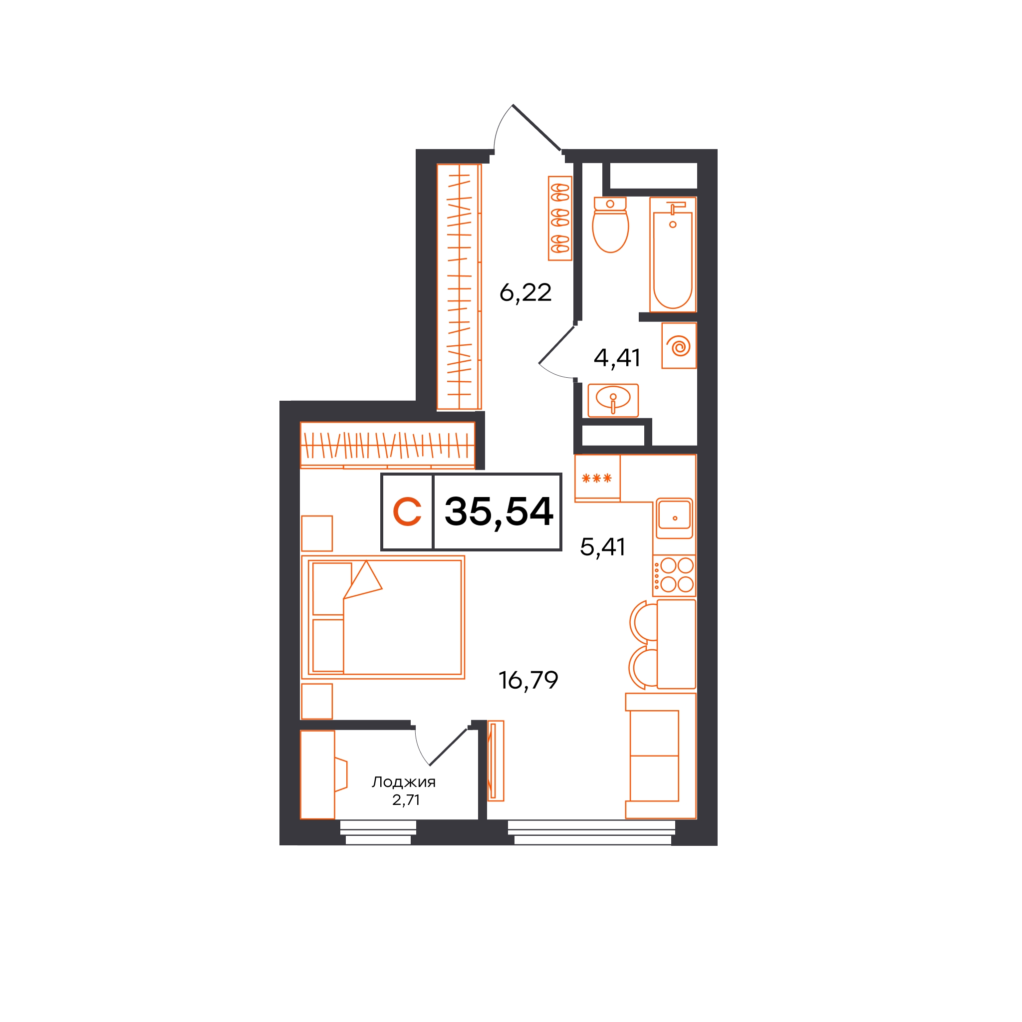 Планировка: Студия 35.5 м² в ЖК Отличие, Комарово Парк