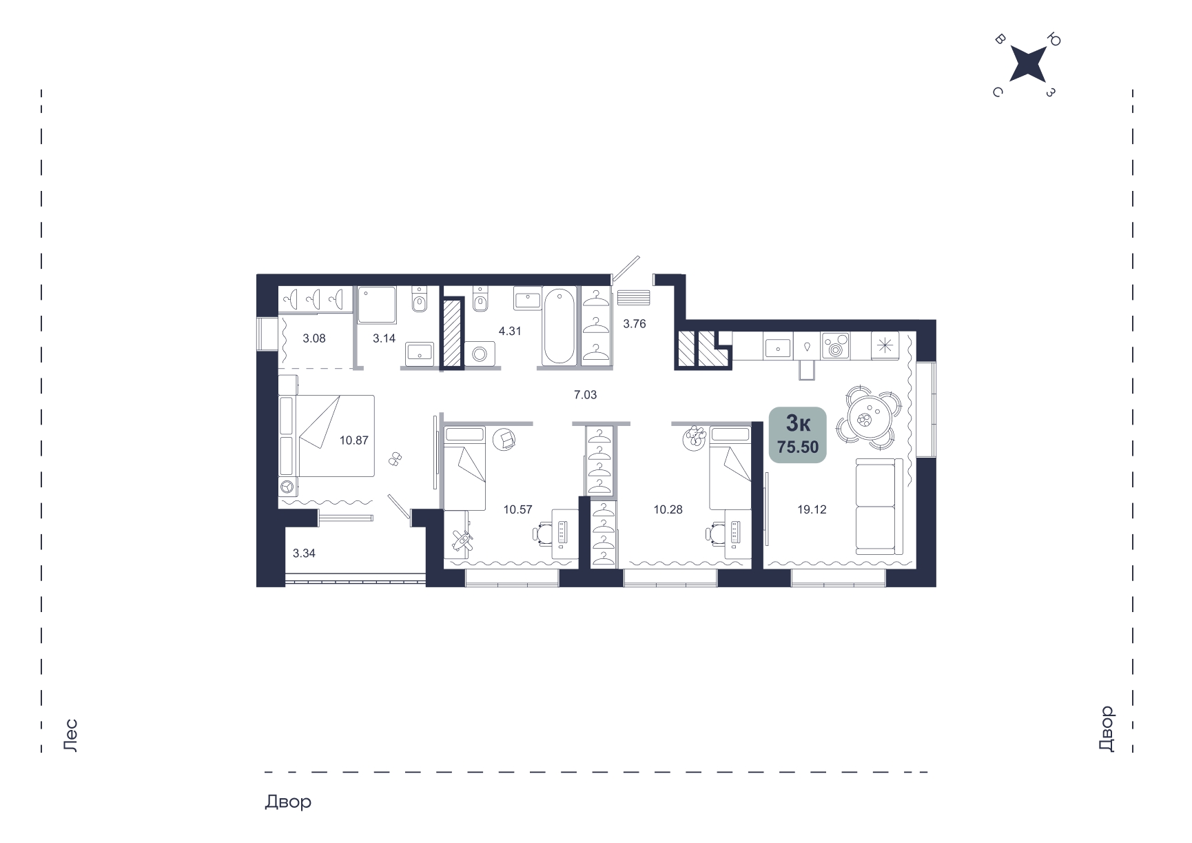 Планировка: 4-комнатная евро 75.5 м² в ЖК Хито, От Слободы до Комарово парк
