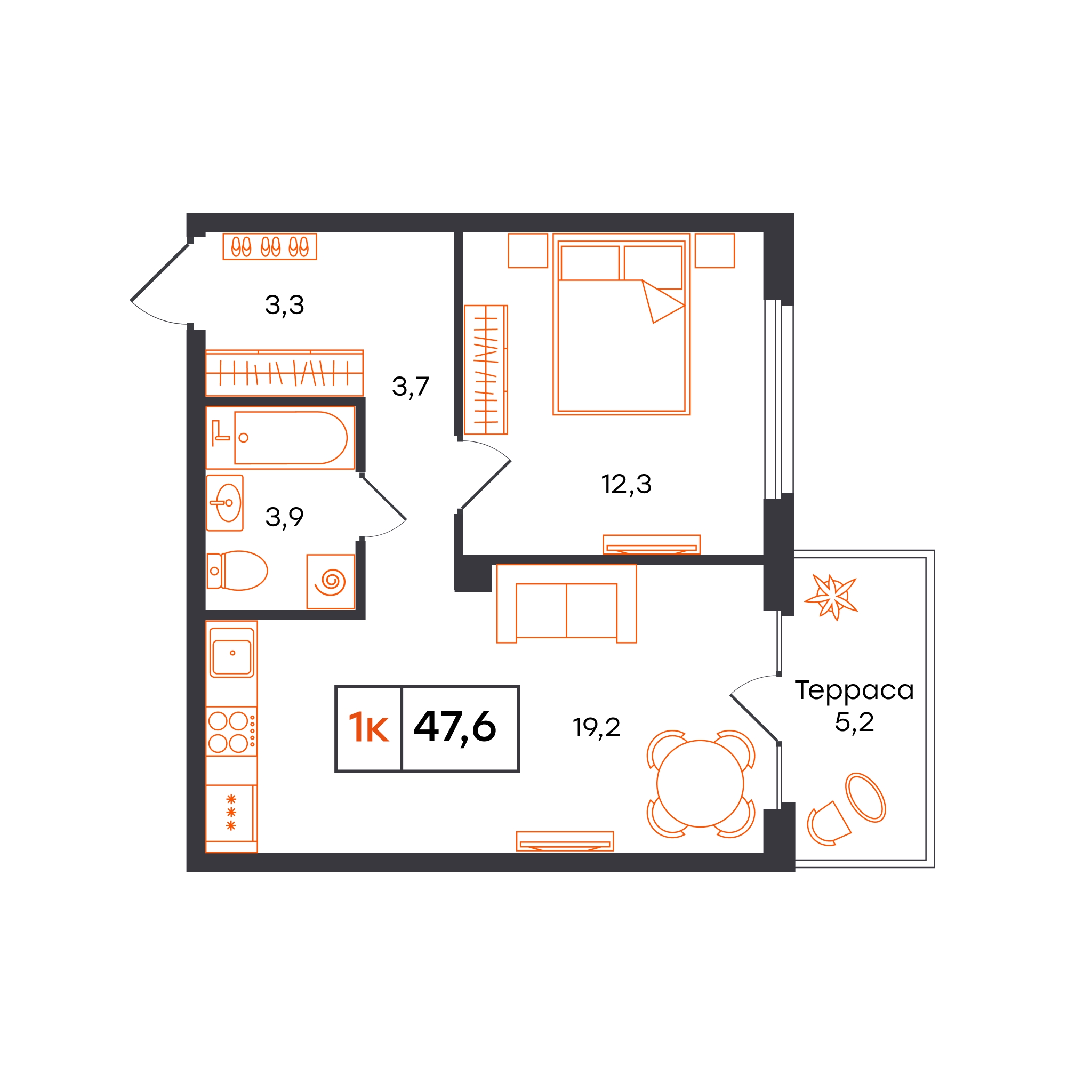 Планировка: Евродвушка 47.6 м² в ЖК Отличие, Комарово Парк