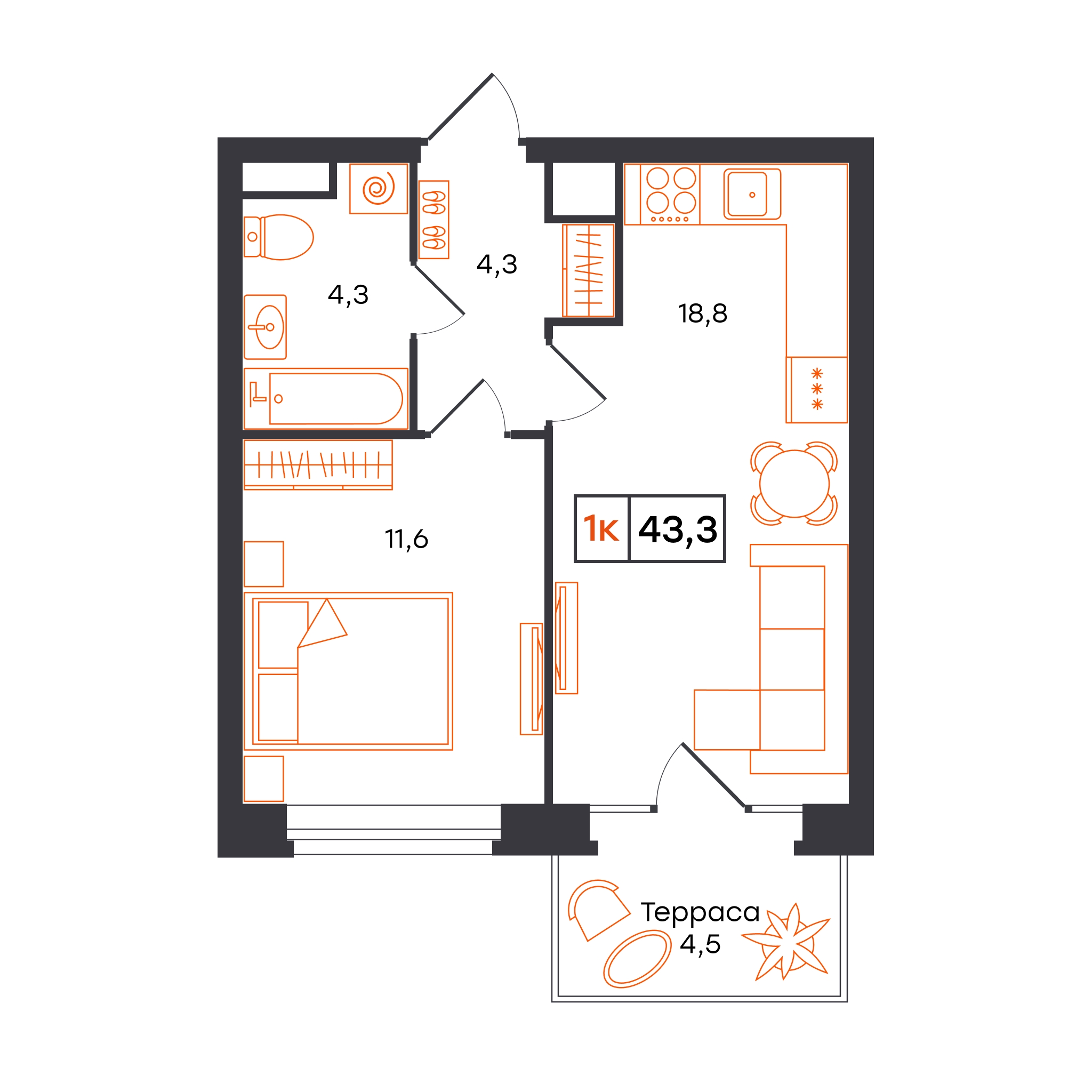 Планировка: Евродвушка 43.5 м² в ЖК Отличие, Комарово Парк